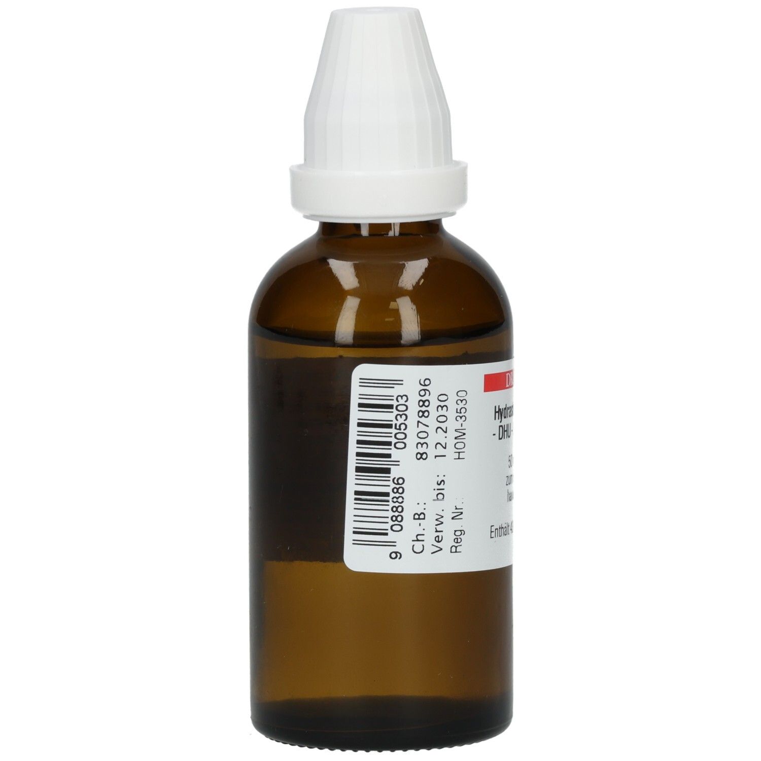 Braune Glasflasche mit weißem Verschluss. Aufkleber mit Barcode und Chargennummer. Produktinformationen auf Deutsch.