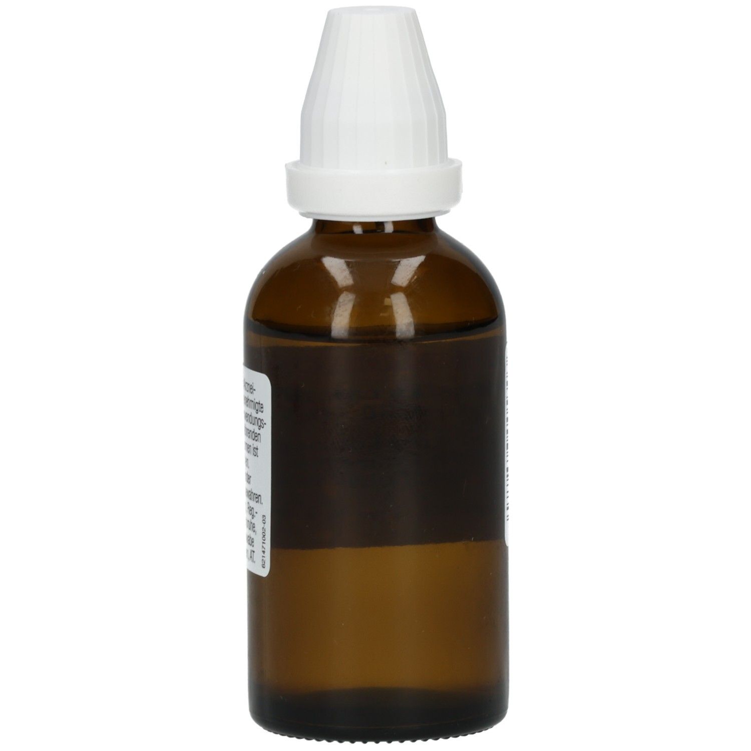 Braune Glasflasche mit weißem Verschluss. Produktetikett mit Informationen. Flüssigkeit sichtbar.