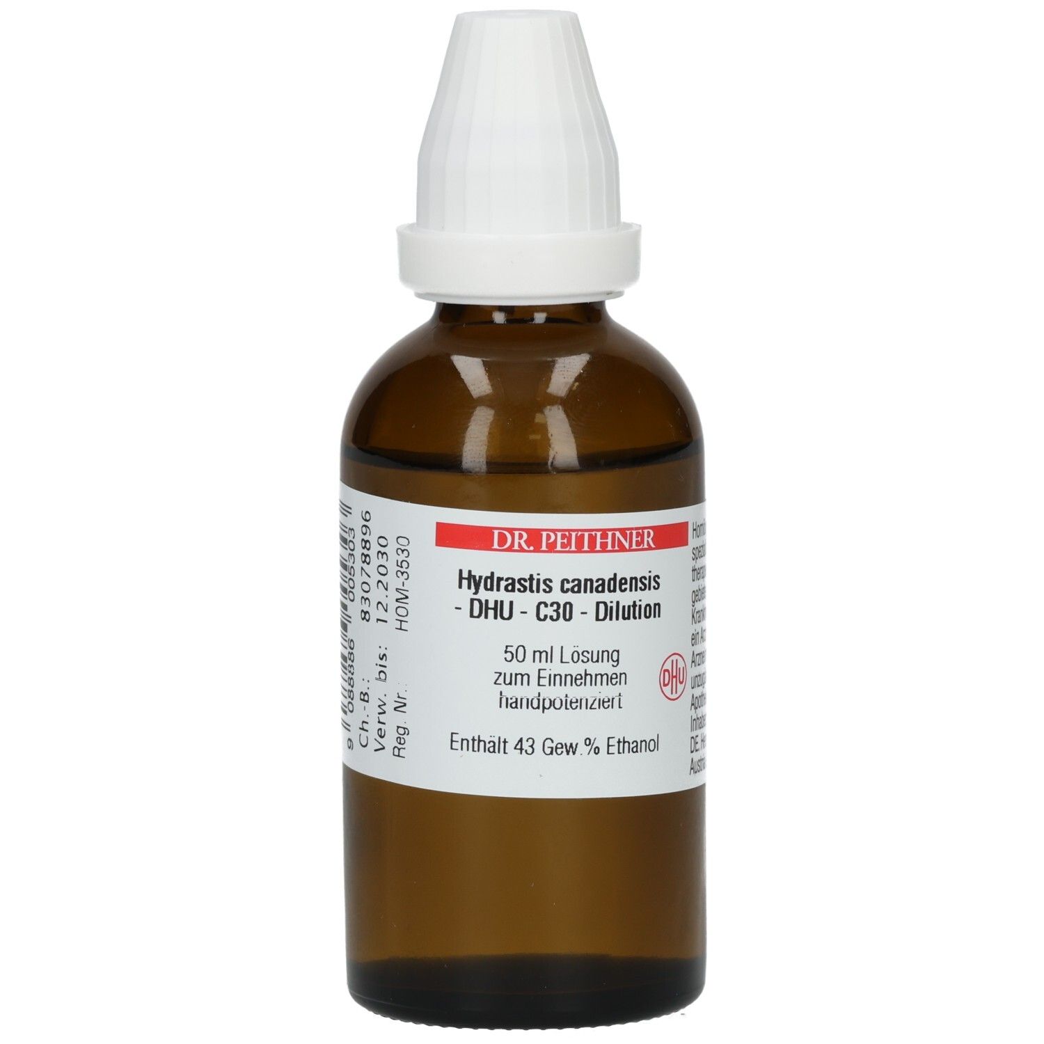 Braune Glasflasche mit weißem Verschluss. Beschriftung: Hydrastis canadensis - DHU - C30 - Dilution. Enthält 43 Gew.% Ethanol.