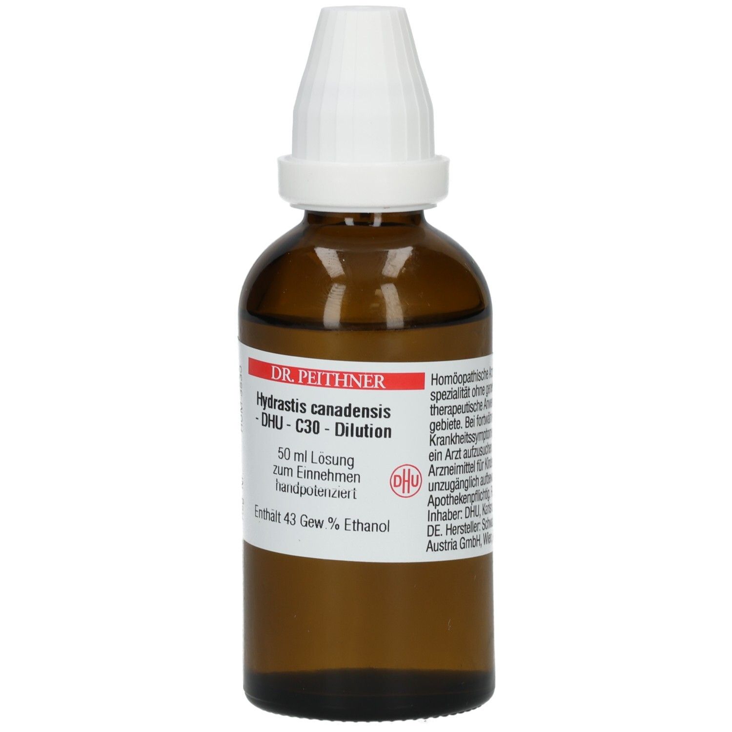 Braune Glasflasche mit weißem Verschluss. Beschriftung: Hydrastis canadensis - DHU - C30 - Dilution. Enthält 43 Gew.% Ethanol.