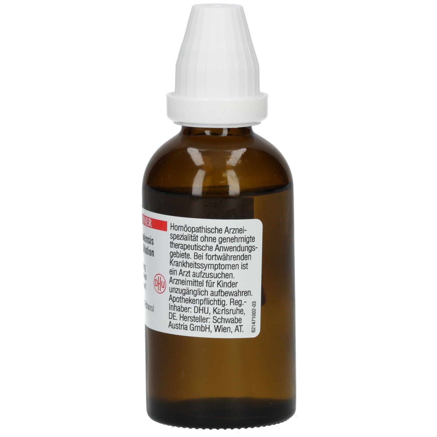 Braune Glasflasche mit weißem Verschluss. Produktetikett mit Informationen. Homöopathisches Arzneimittel.