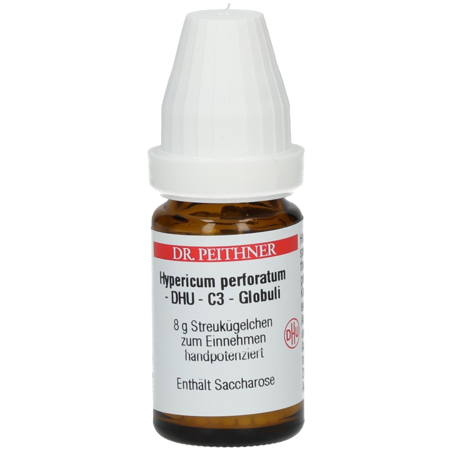 Braune Glasflasche mit weißem Deckel. Etikett mit Produktinformationen: Hypericum perforatum - C3 Globuli, 8g Streukügelchen.