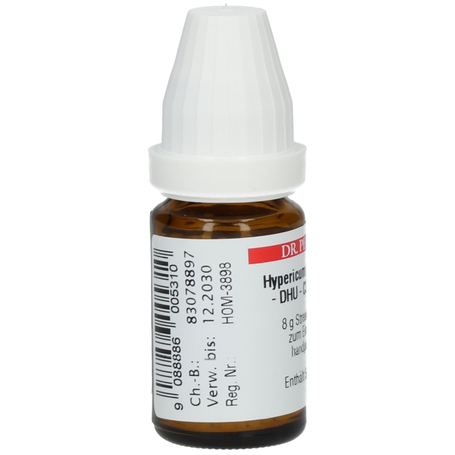Braune Glasflasche mit weißem Deckel. Etikett mit Barcode und Produktinformationen. Hersteller: DHU.