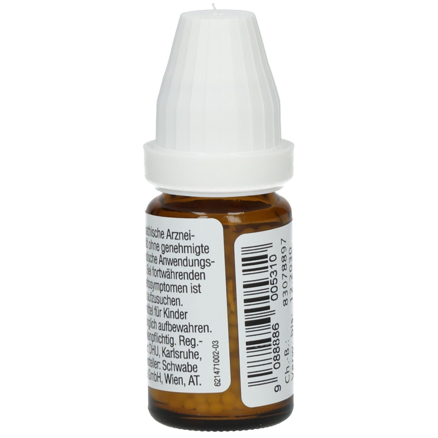 Braune Glasflasche mit weißem Deckel. Etikett mit Text. Hersteller: DHU.