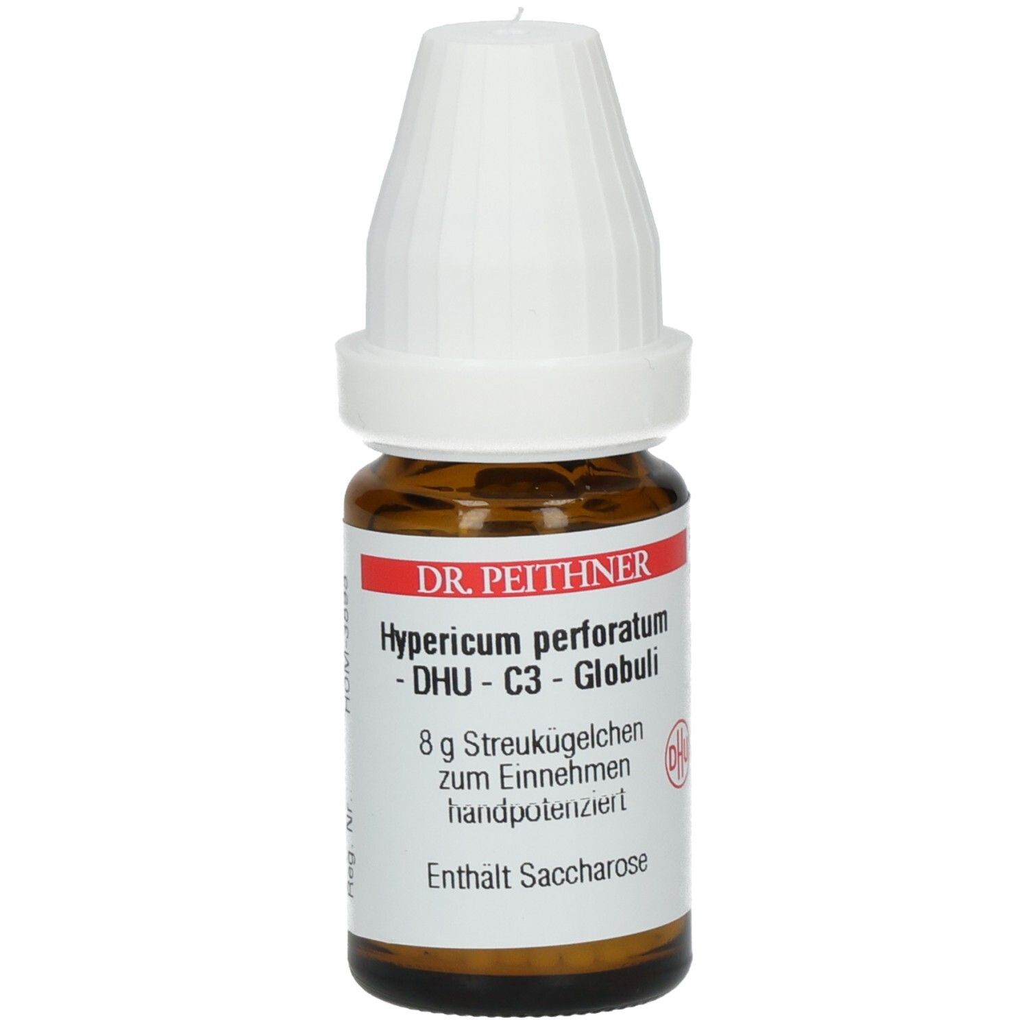 Braune Glasflasche mit weißem Deckel. Etikett mit Produktinformationen: Hypericum perforatum - C3 Globuli, 8g Streukügelchen.