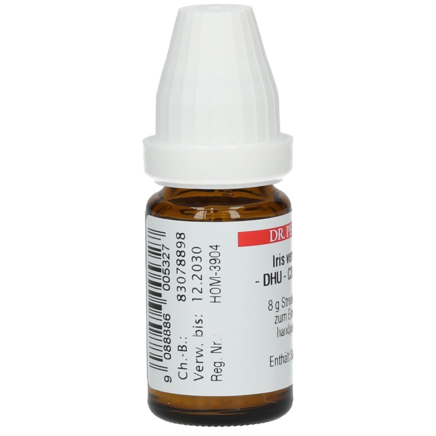 Braune Glasflasche mit weißem Verschluss. Etikett mit Barcode und Chargennummer. Beschriftung: Iris versicolor DHU C20 Globuli.