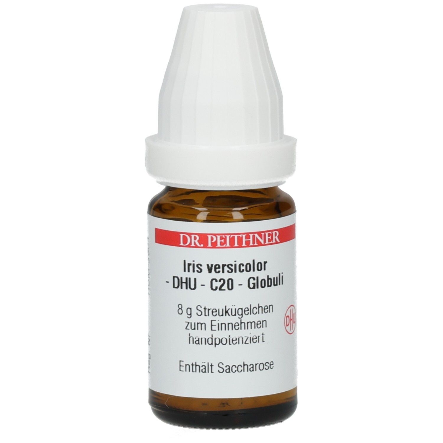 Braune Glasflasche mit weißem Verschluss. Beschriftung: Iris versicolor DHU C20 Globuli, 8 g Streukügelchen. Enthält Saccharose.