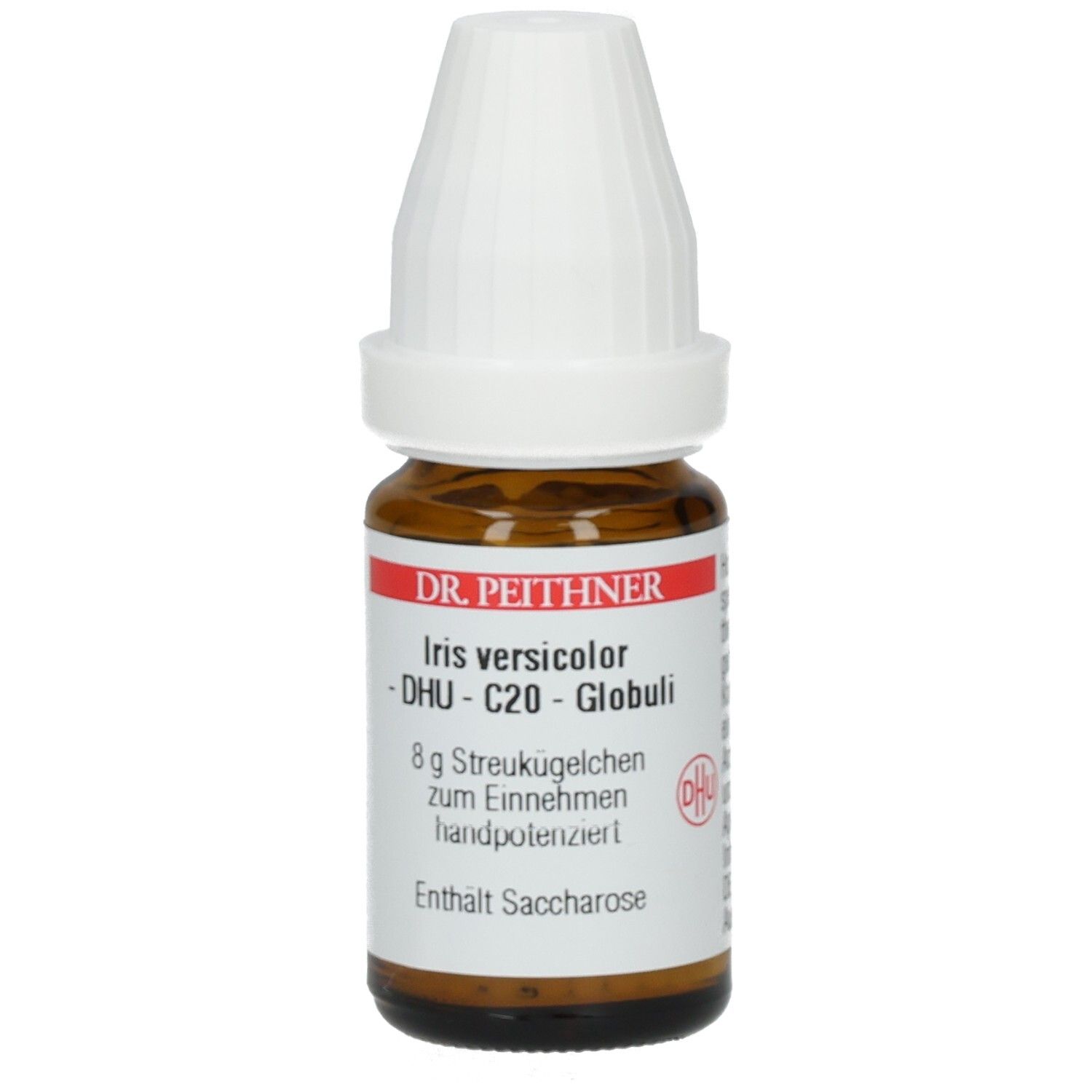Braune Glasflasche mit weißem Verschluss. Rückseite mit Text. Beschriftung: Iris versicolor DHU C20 Globuli. Hersteller: DHU.