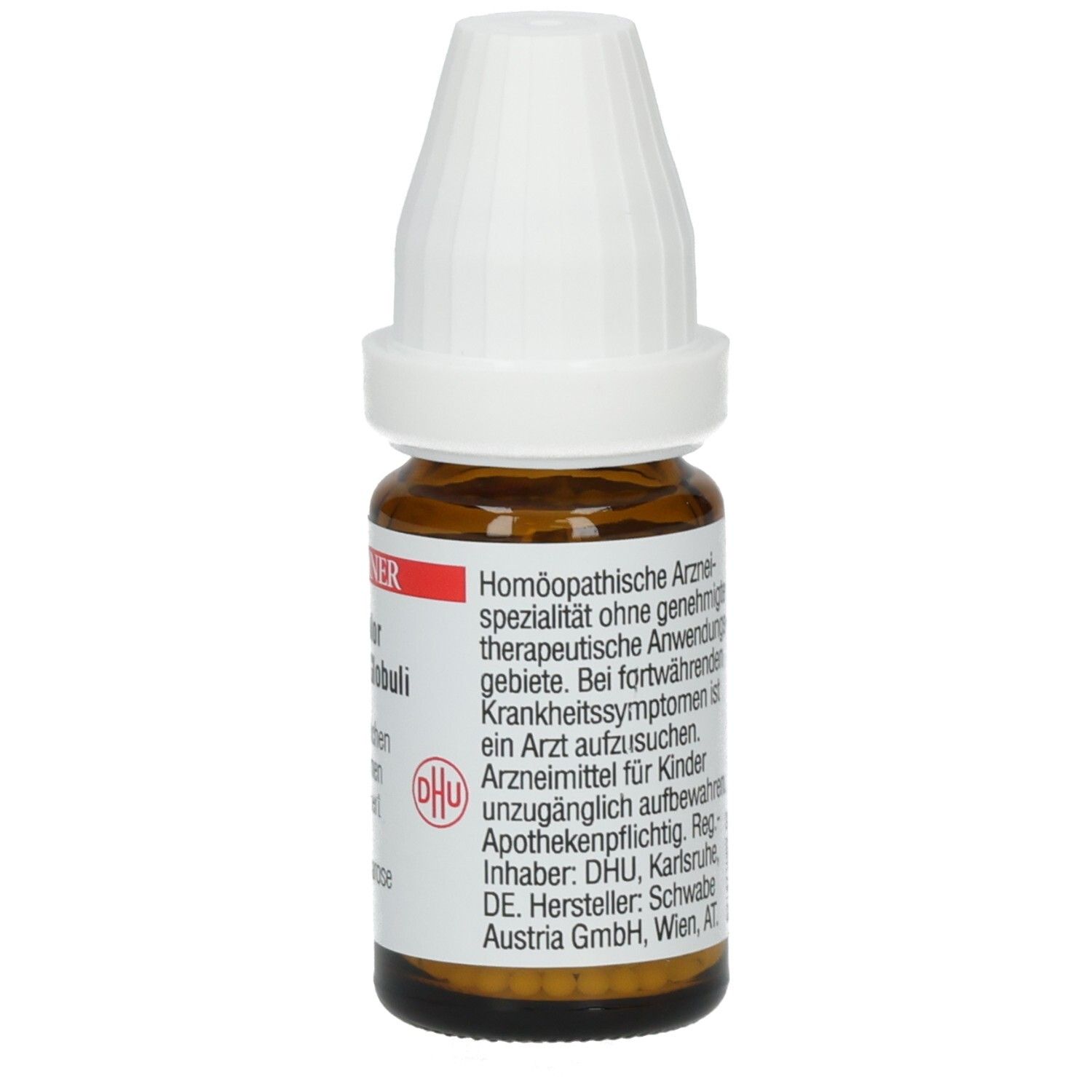 Braune Glasflasche mit weißem Verschluss. Rückseite mit Text. Beschriftung: Iris versicolor DHU C20 Globuli. Hersteller: DHU.