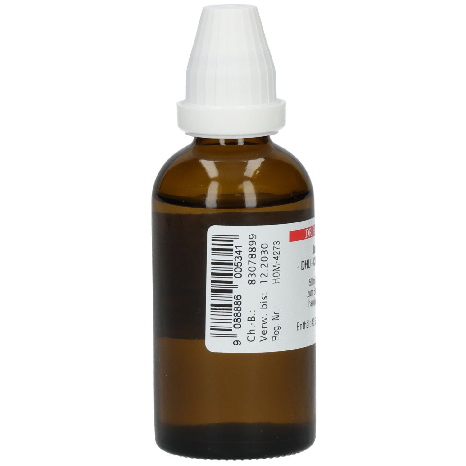 Braune Glasflasche mit weißem Verschluss. Etikett mit Barcode und Herstellerinformationen. Verfallsdatum und Chargennummer.