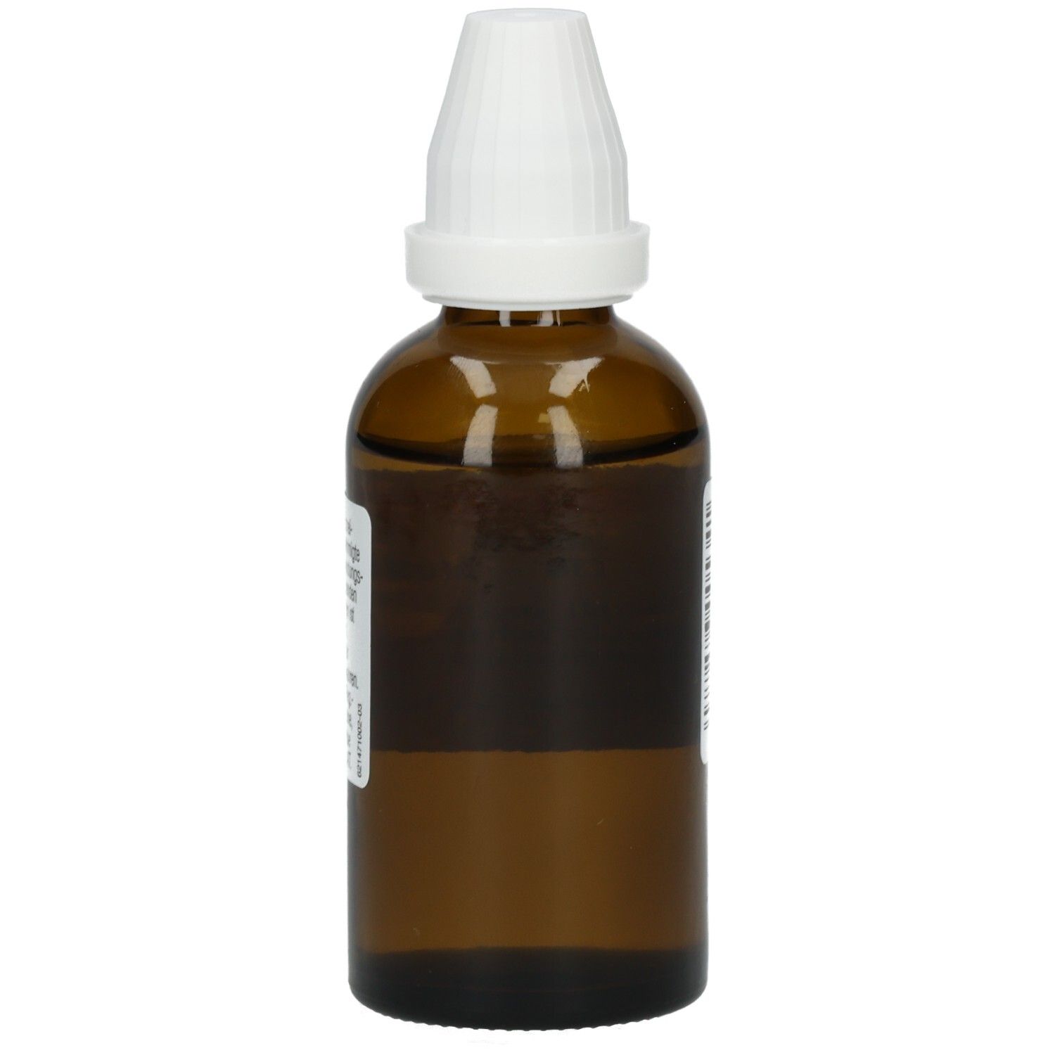 Braune Glasflasche mit weißem Verschluss. Etikett mit Produktinformationen. Flüssigkeit im Inneren sichtbar.