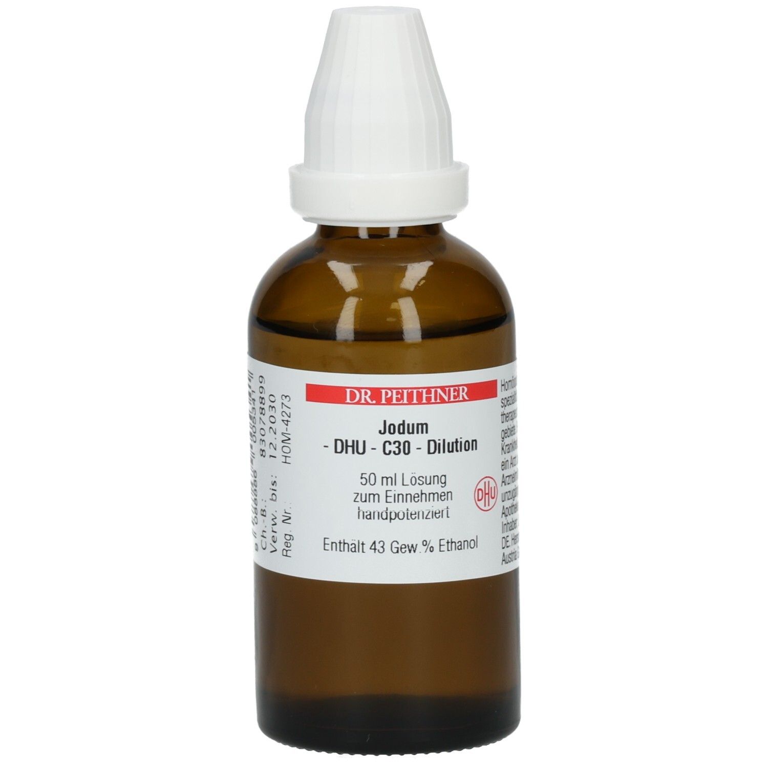 Braune Glasflasche mit weißem Verschluss. Etikett mit Produktnamen, Inhaltsangaben und Herstellerinformationen. DHU-Logo.