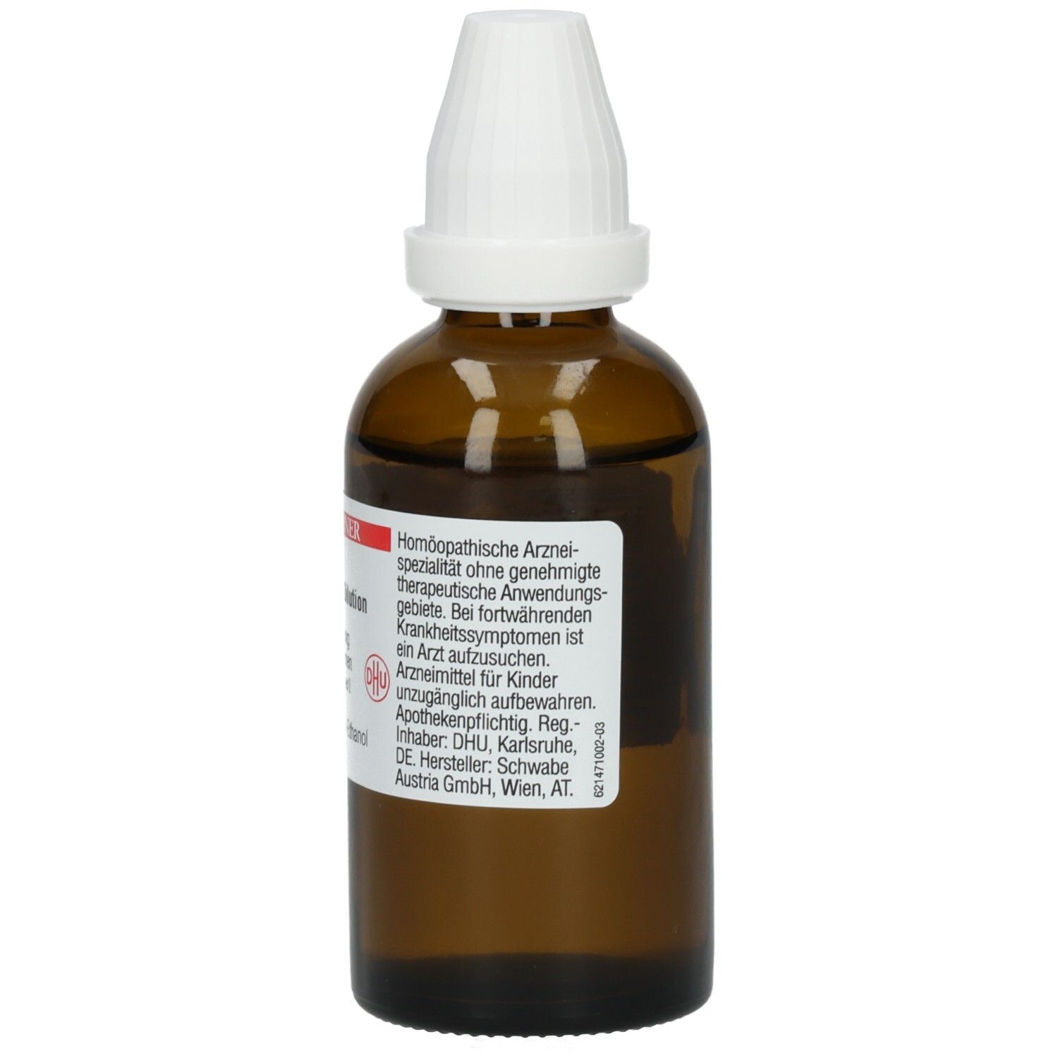 Braune Glasflasche mit weißem Verschluss. Etikett mit Produktinformationen und Herstellerangaben. DHU-Logo.
