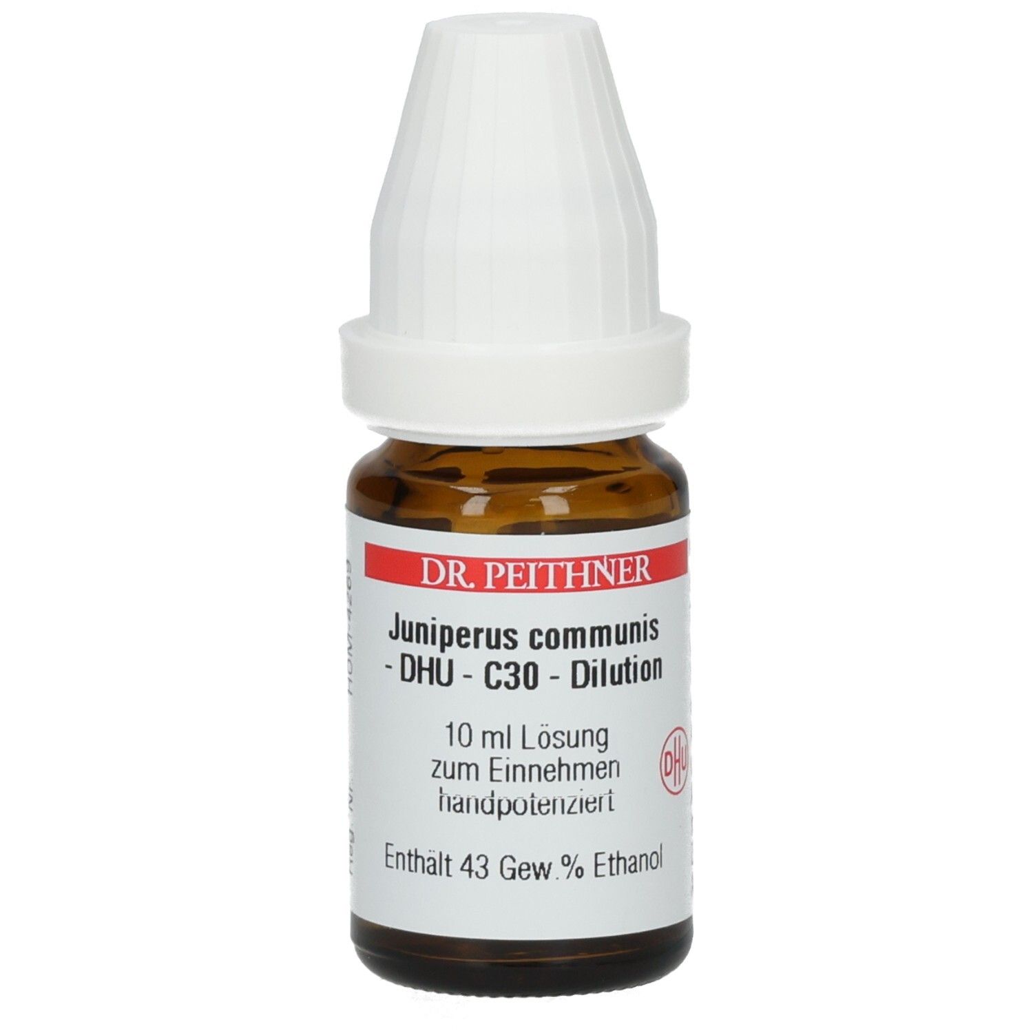 Braune Glasflasche mit weißem Verschluss. Beschriftung: DR. PEITHNER, Juniperus communis - DHU - C30 - Dilution, 10 ml Lösung.