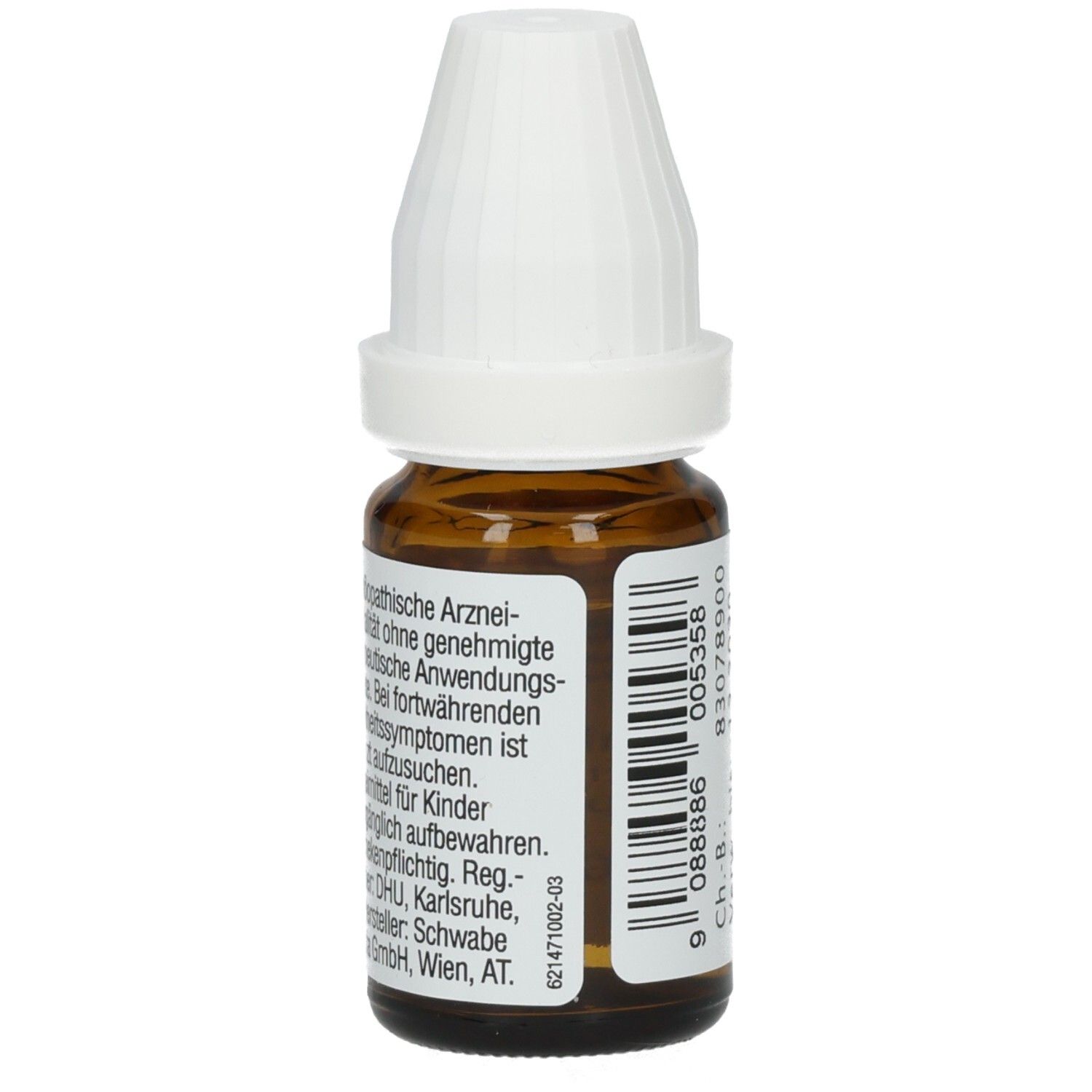 Braune Glasflasche mit weißem Verschluss. Beschriftung und Barcode. Produktname nicht vollständig sichtbar.