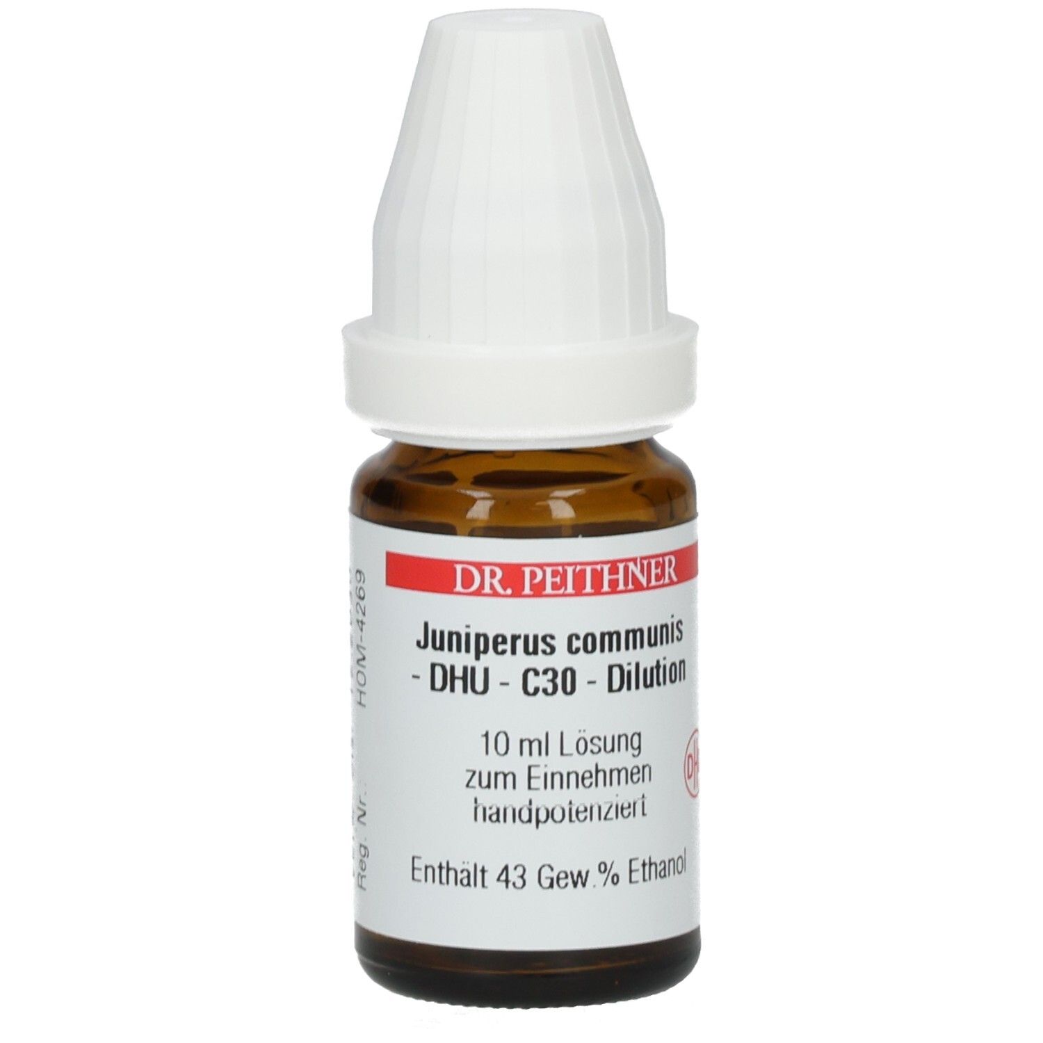 Braune Glasflasche mit weißem Verschluss. Beschriftung: DR. PEITHNER, Juniperus communis - DHU - C30 - Dilution, 10 ml Lösung.