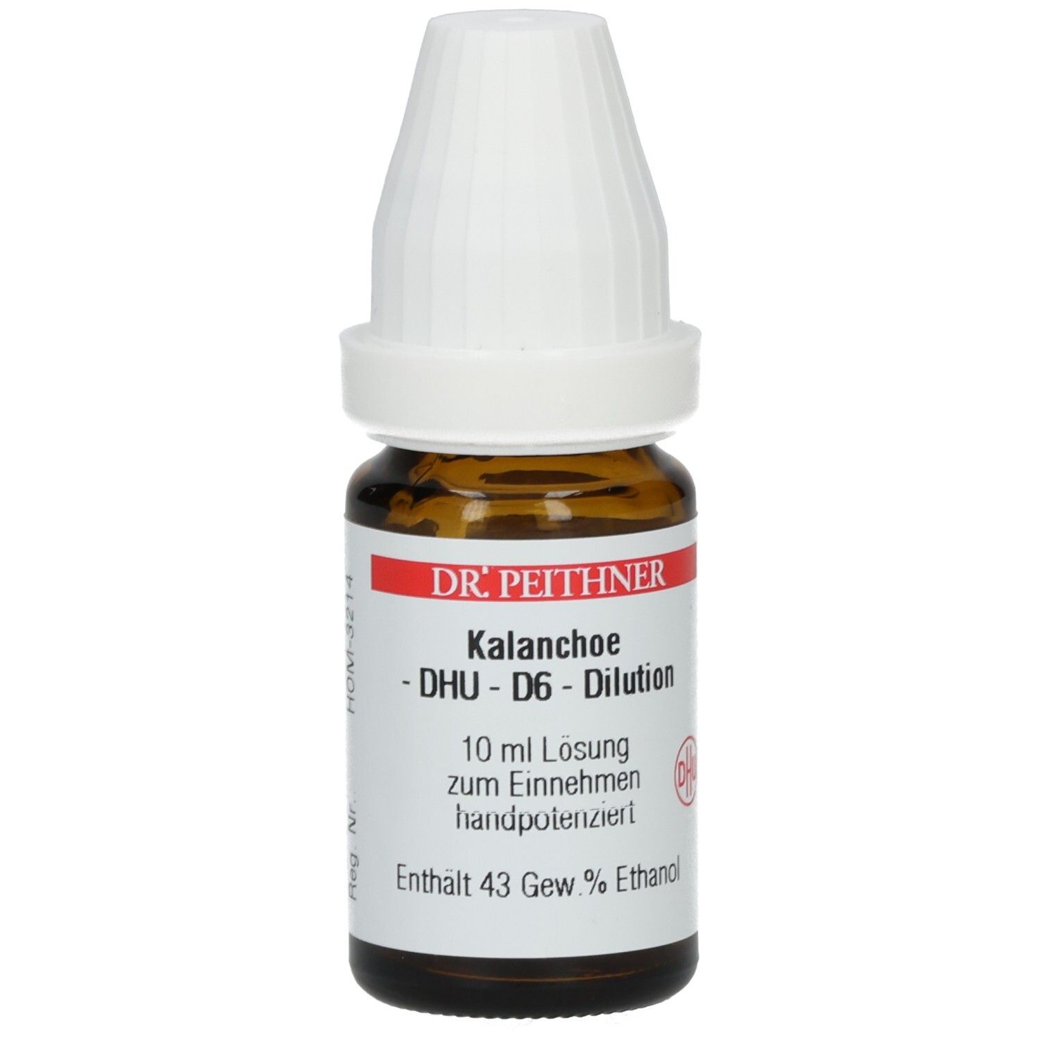 Braune Glasflasche mit weißem Verschluss. Etikett mit Text: DR. PEITHNER, Kalanchoe - DHU - D6 - Dilution, 10 ml Lösung, Enthält 43 Gew. % Ethanol.