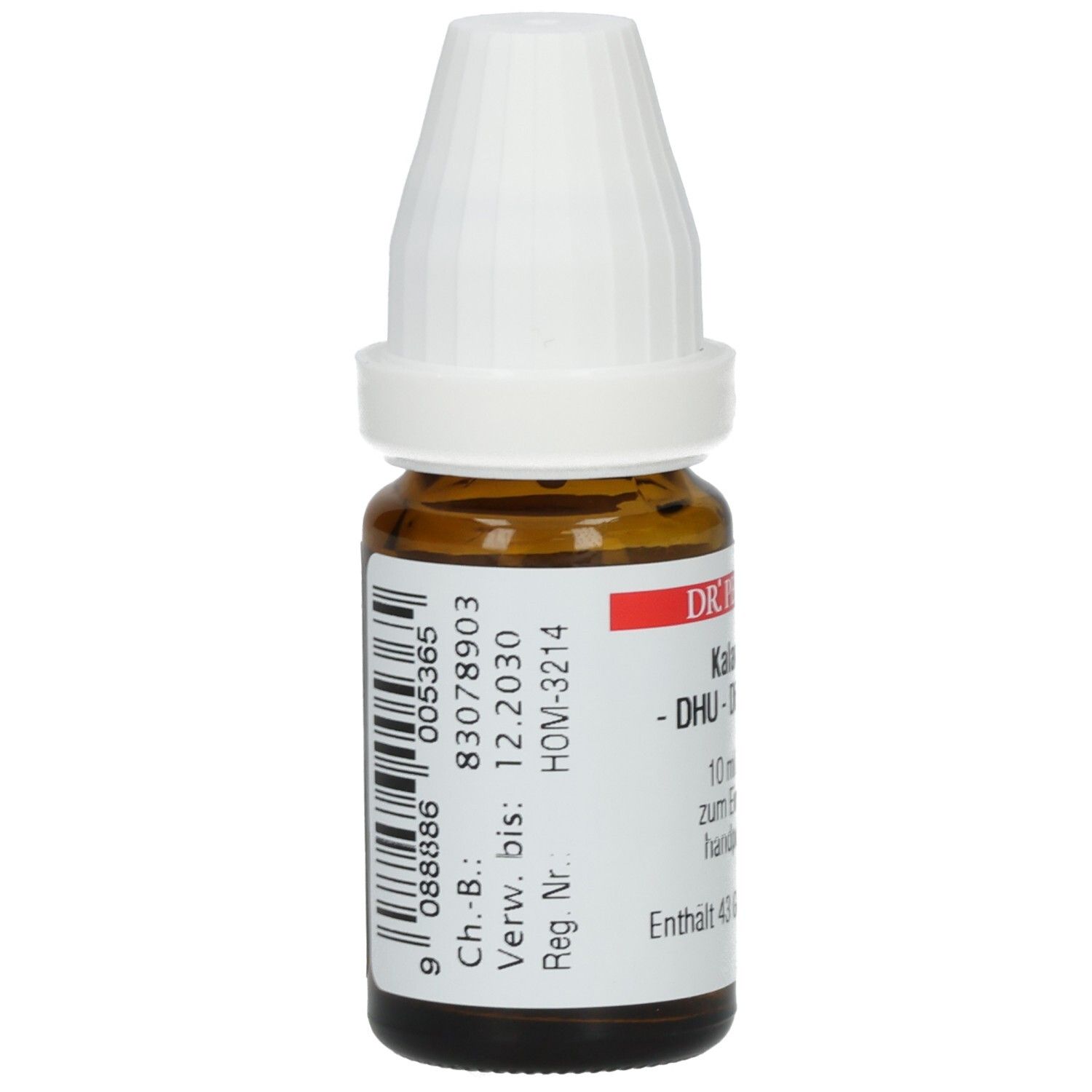 Braune Glasflasche mit weißem Verschluss. Etikett mit Barcode und Text: Ch.-B.: 83078903, Verw. bis: 12.2030, Reg. Nr. HOM-3214.