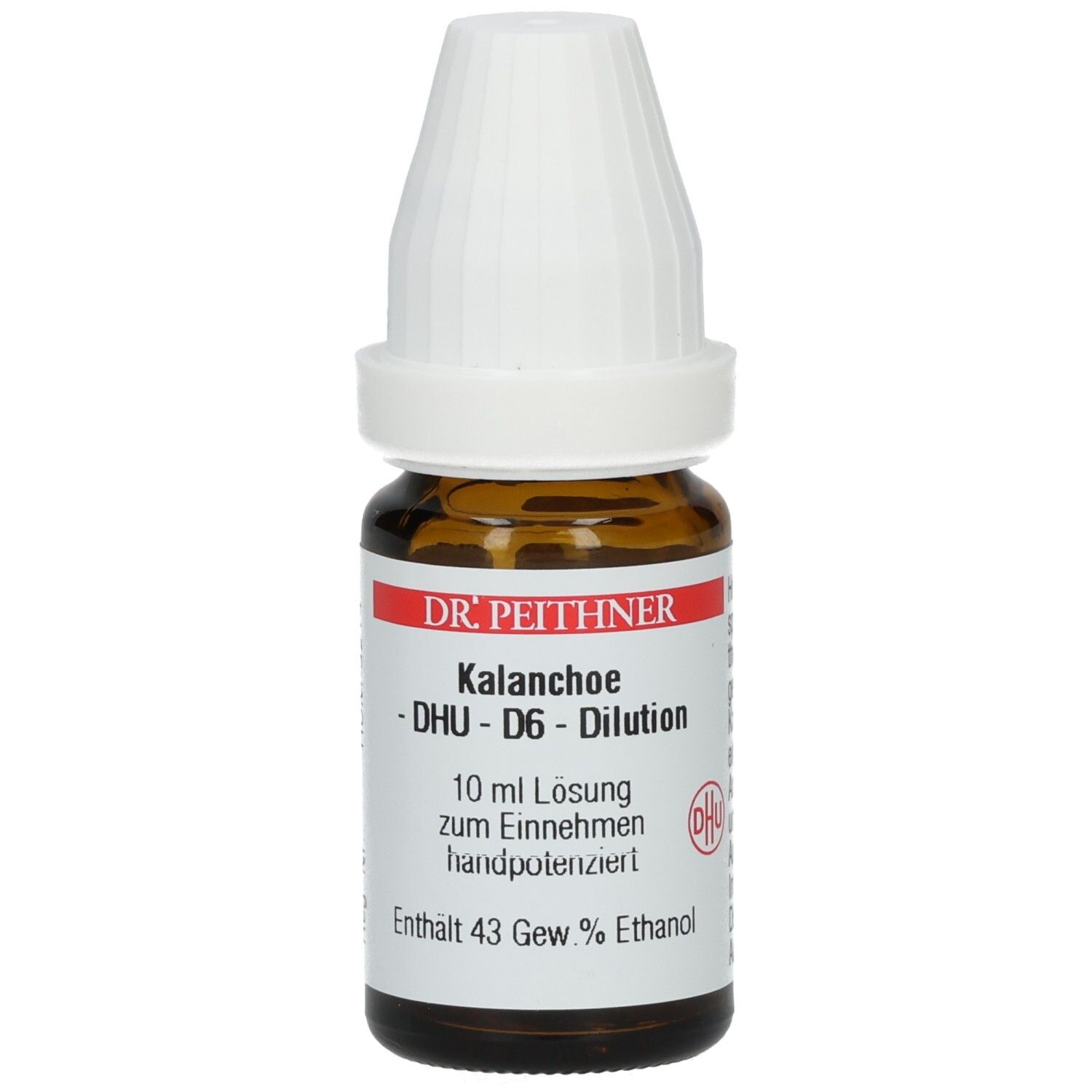 Braune Glasflasche mit weißem Verschluss. Etikett mit Text: DR. PEITHNER, Kalanchoe - DHU - D6 - Dilution, 10 ml Lösung, DHU Logo.