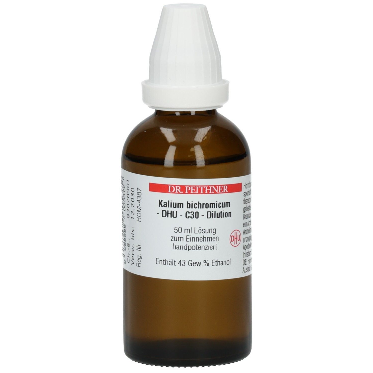 Braune Glasflasche mit weißem Verschluss. Etikett mit Produktnamen, Hersteller und Inhaltsangaben. Enthält 43 Gew.% Ethanol.