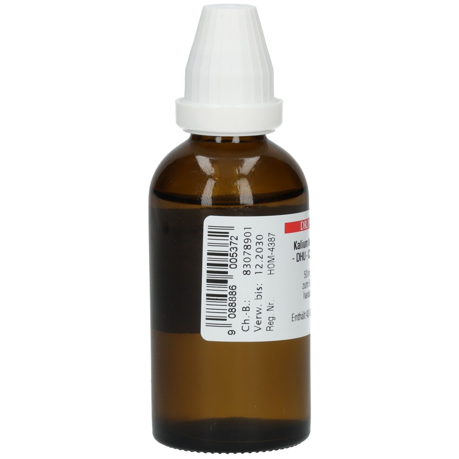 Braune Glasflasche mit weißem Verschluss. Etikett mit Barcode und Chargennummer. Enthält 43 Gew.% Ethanol.