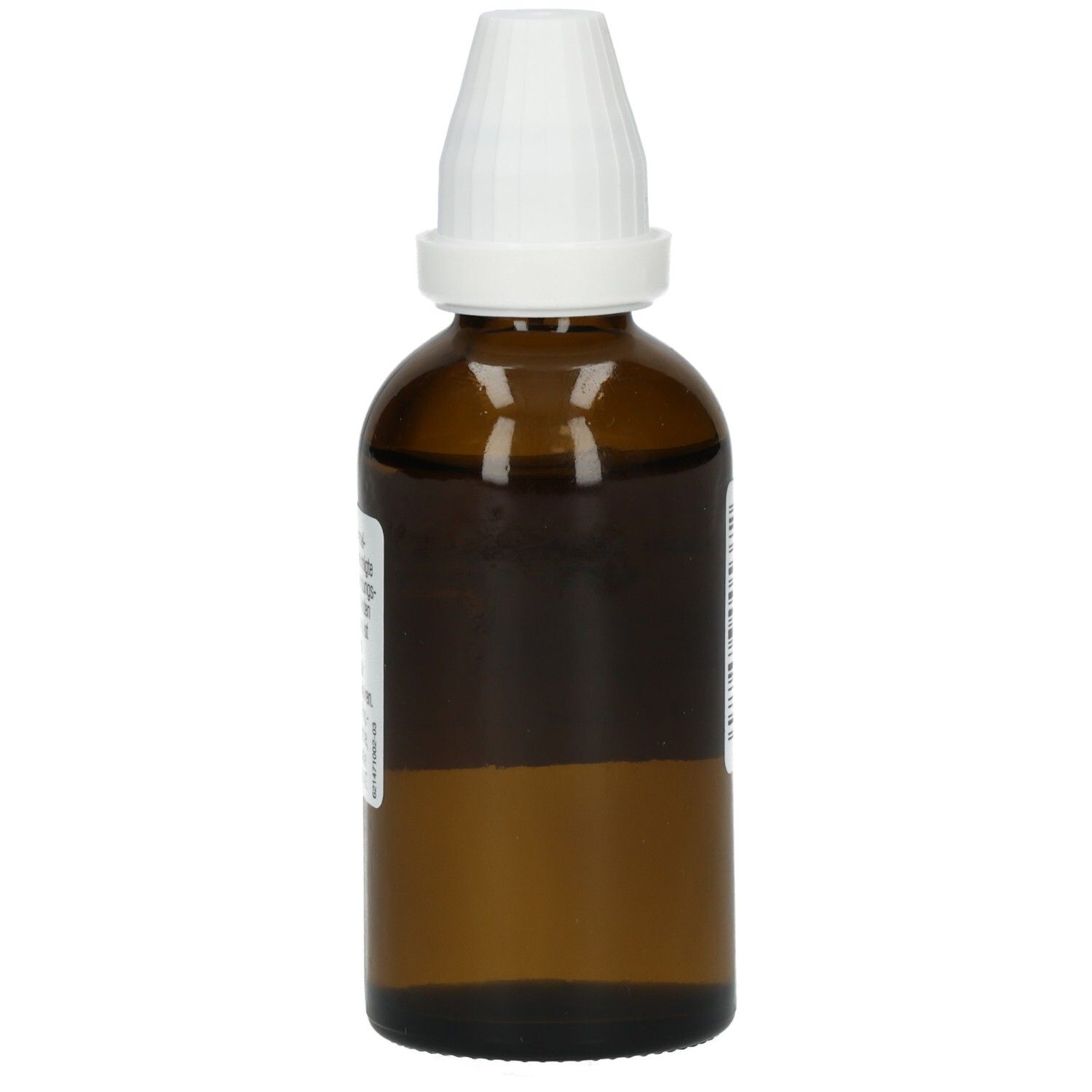 Braune Glasflasche mit weißem Verschluss. Etikett mit Produktinformationen. Enthält 43 Gew.% Ethanol.