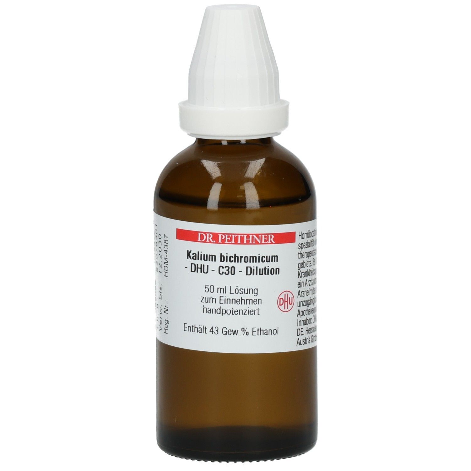 Braune Glasflasche mit weißem Verschluss. Etikett mit Produktnamen, Hersteller und Inhaltsangaben. Enthält 43 Gew.% Ethanol.