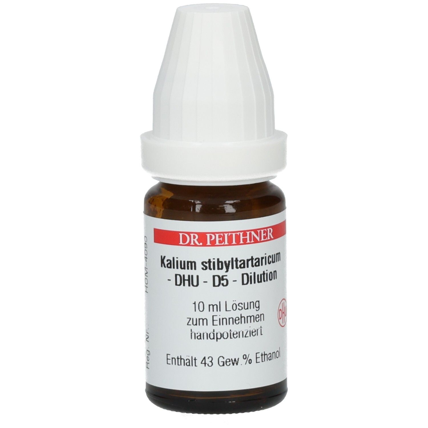 Braune Glasflasche mit weißem Verschluss. Etikett mit Produktinformationen: DR. PEITHNER, Kalium stibyltartaricum - D5 - Dilution. 10 ml Lösung.