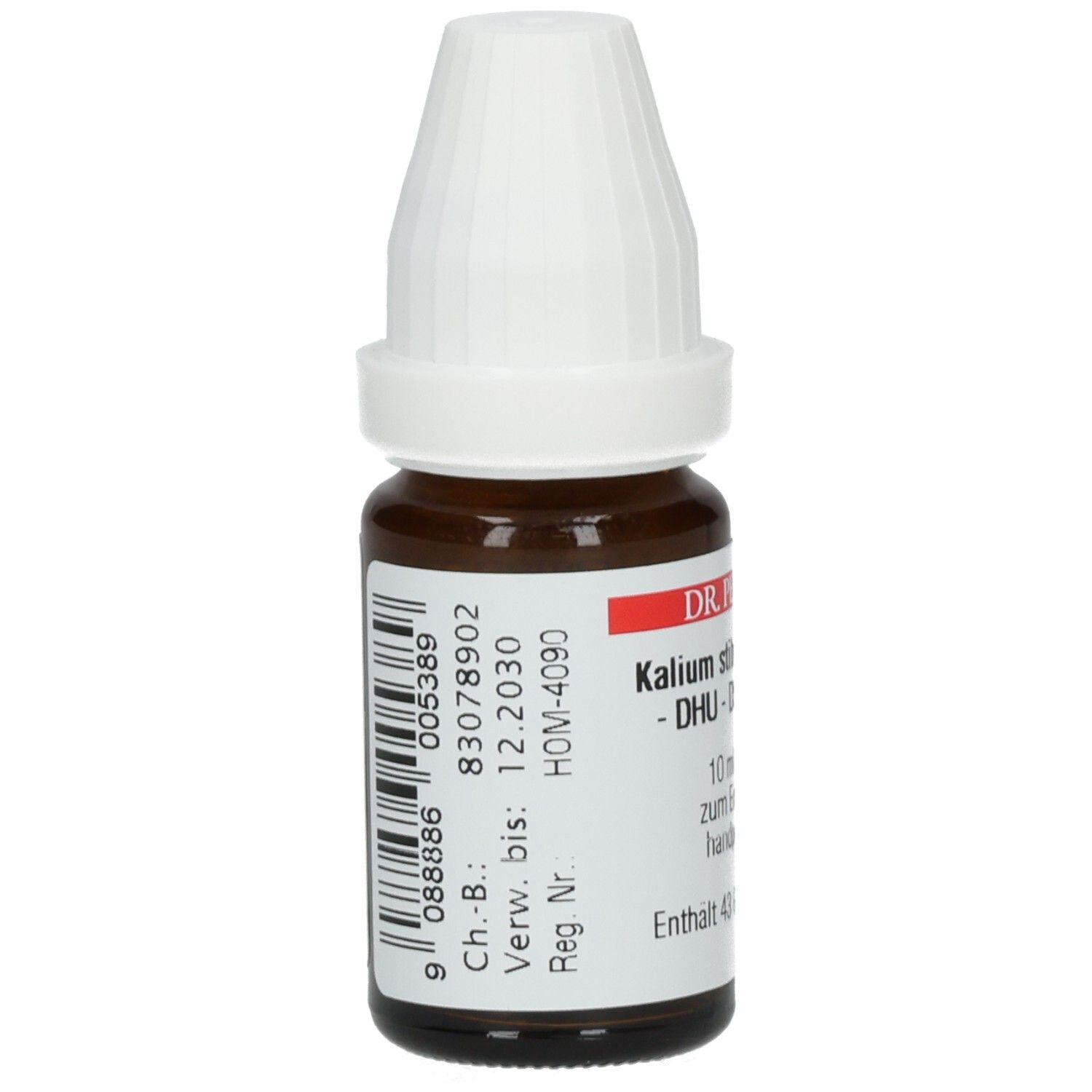 Braune Glasflasche mit weißem Verschluss. Etikett mit Barcode und Chargennummer. Produktinformationen: DR. PEITHNER, Kalium stibyltartaricum.