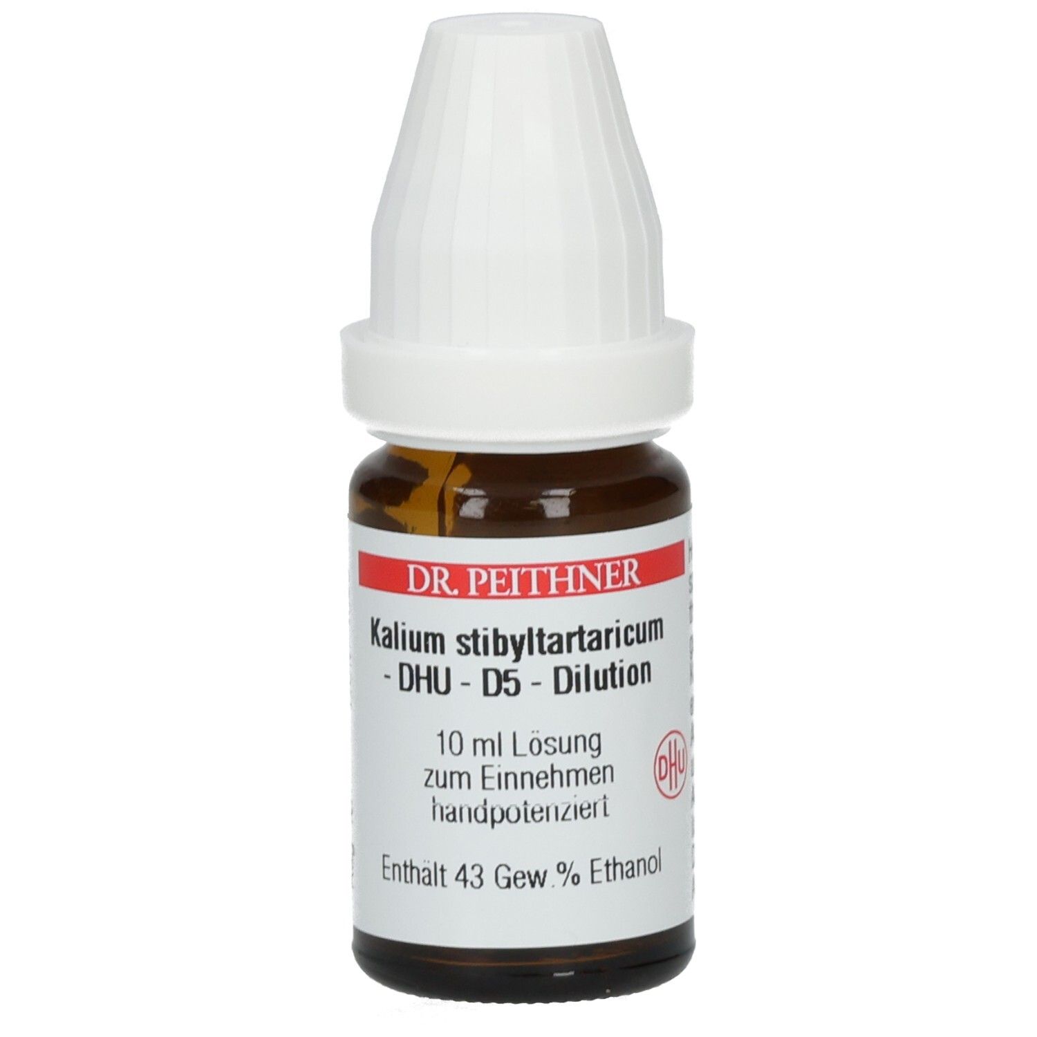 Braune Glasflasche mit weißem Verschluss. Etikett mit Produktinformationen: DR. PEITHNER, Kalium stibyltartaricum - D5 - Dilution. DHU Logo.