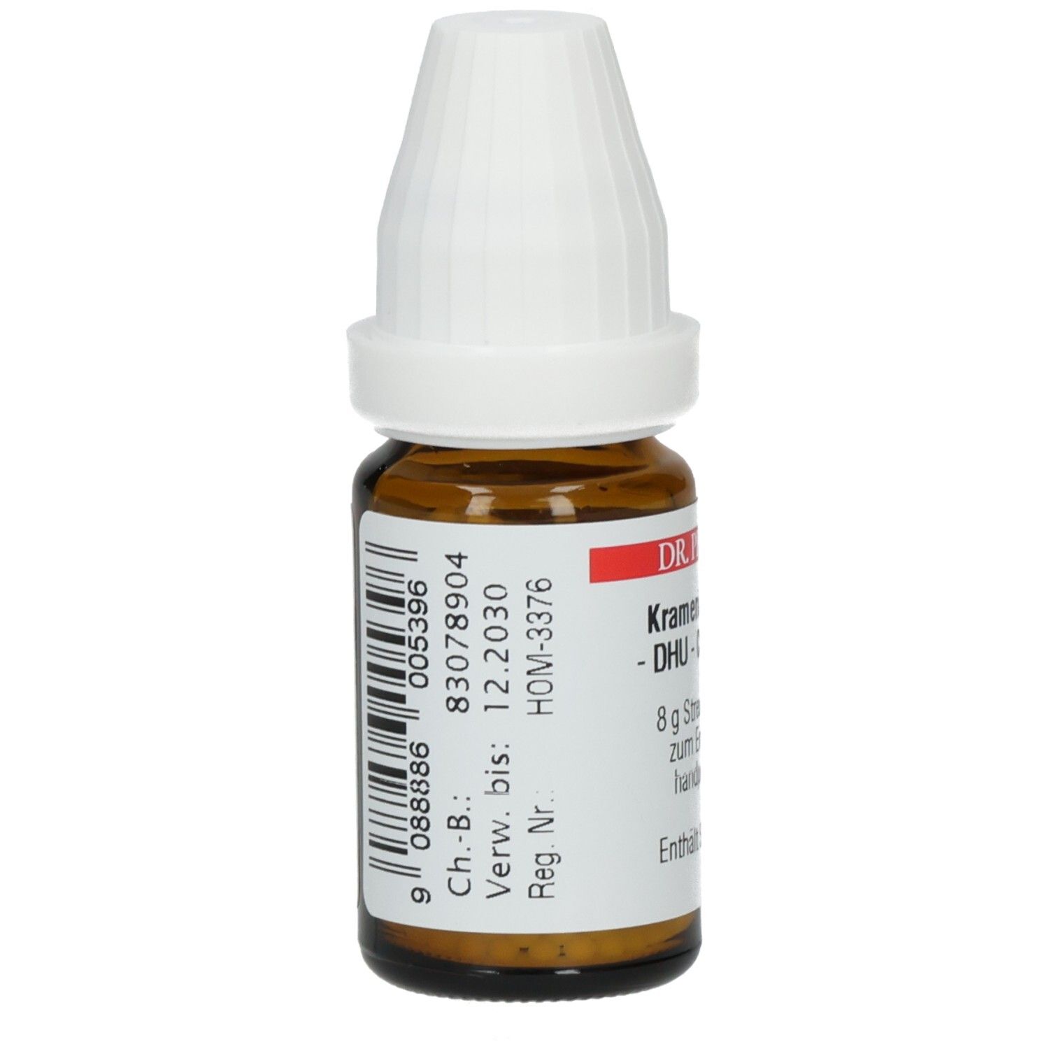 Braune Glasflasche mit weißem Deckel. Etikett mit Barcode und Informationen: Verwendbar bis 12.2030. Reg. Nr. HOM-3376.