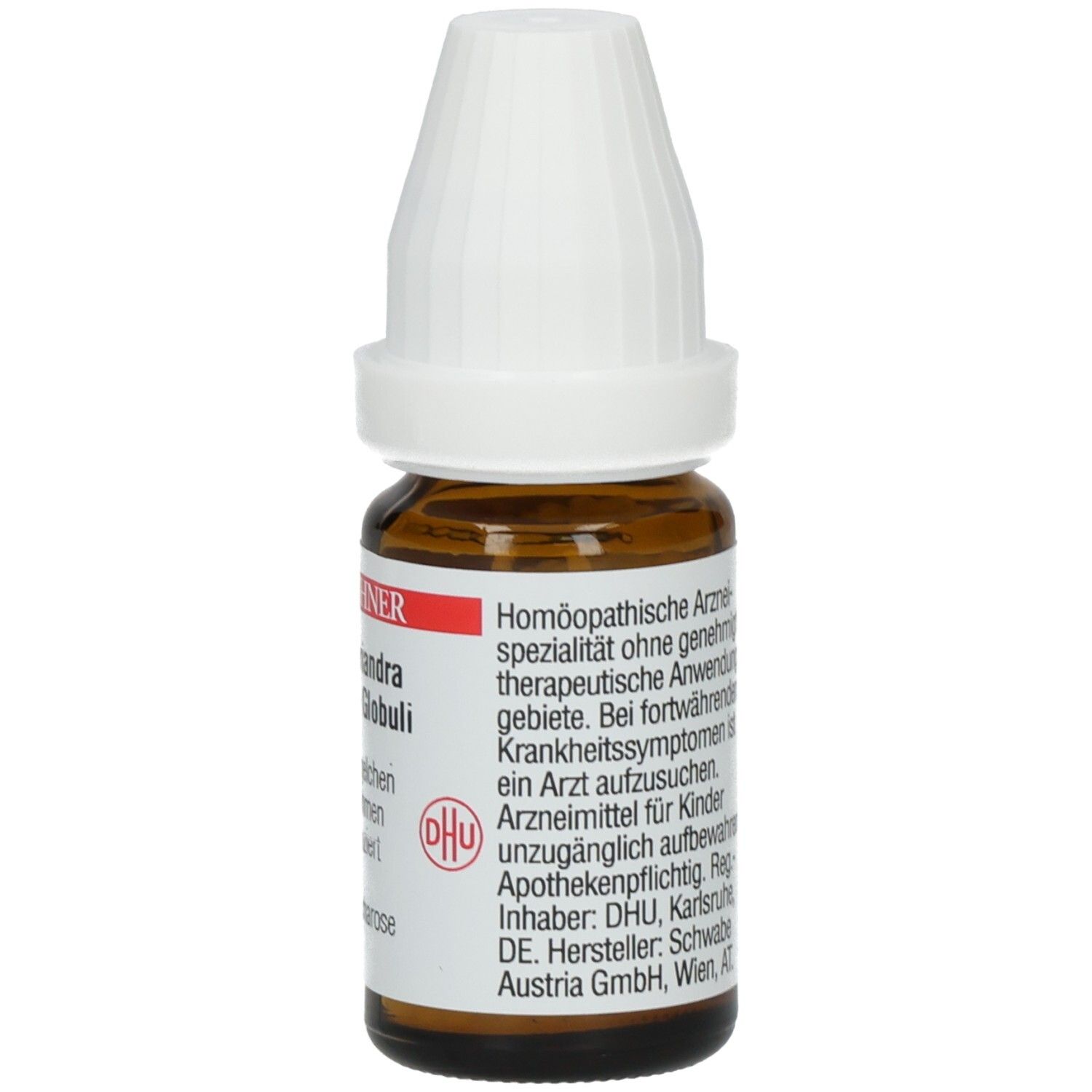 Braune Glasflasche mit weißem Deckel. Etikett mit Text über homöopathische Arzneimittel. DHU-Logo. Apothekenpflichtig.