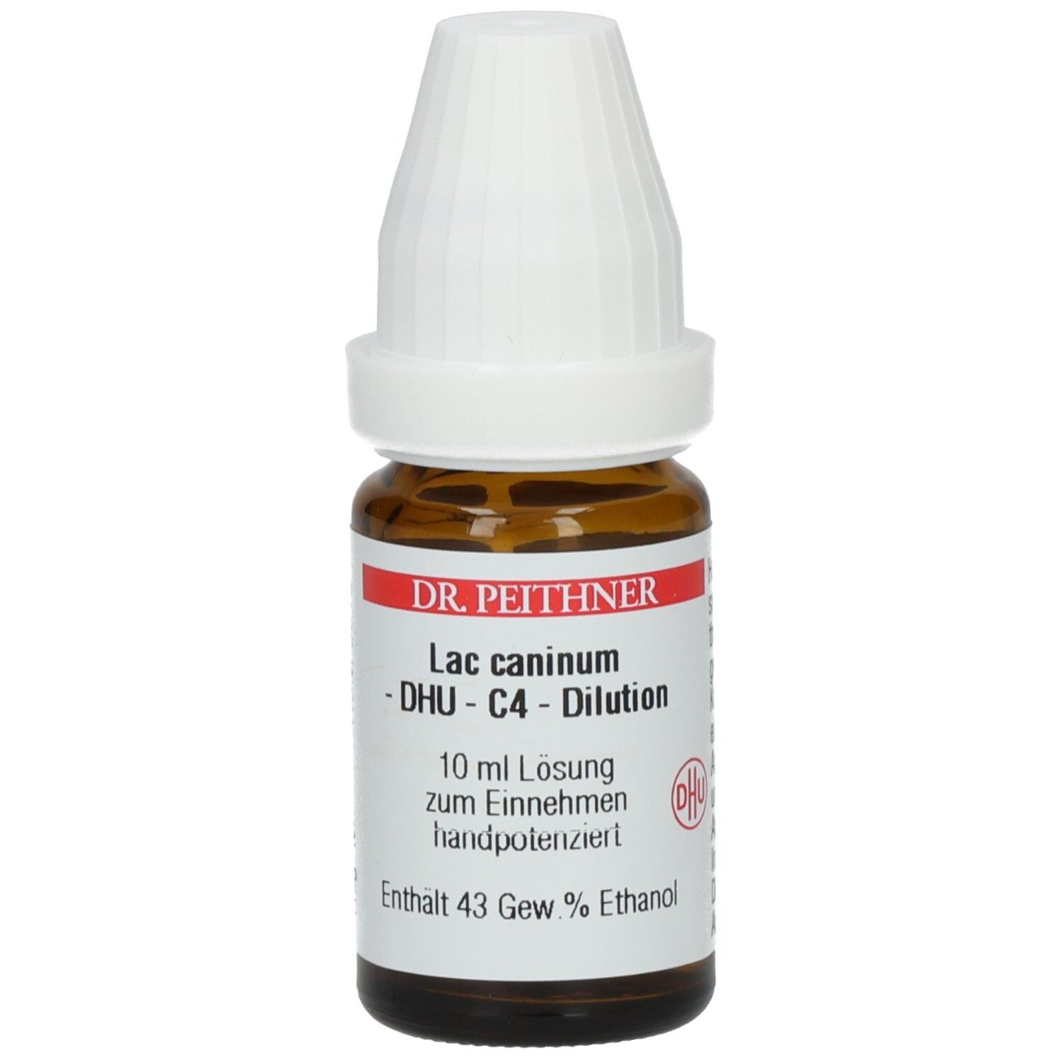 Braune Glasflasche mit weißem Schraubverschluss. Etikett mit Produktnamen, Hersteller und Inhaltsangaben.