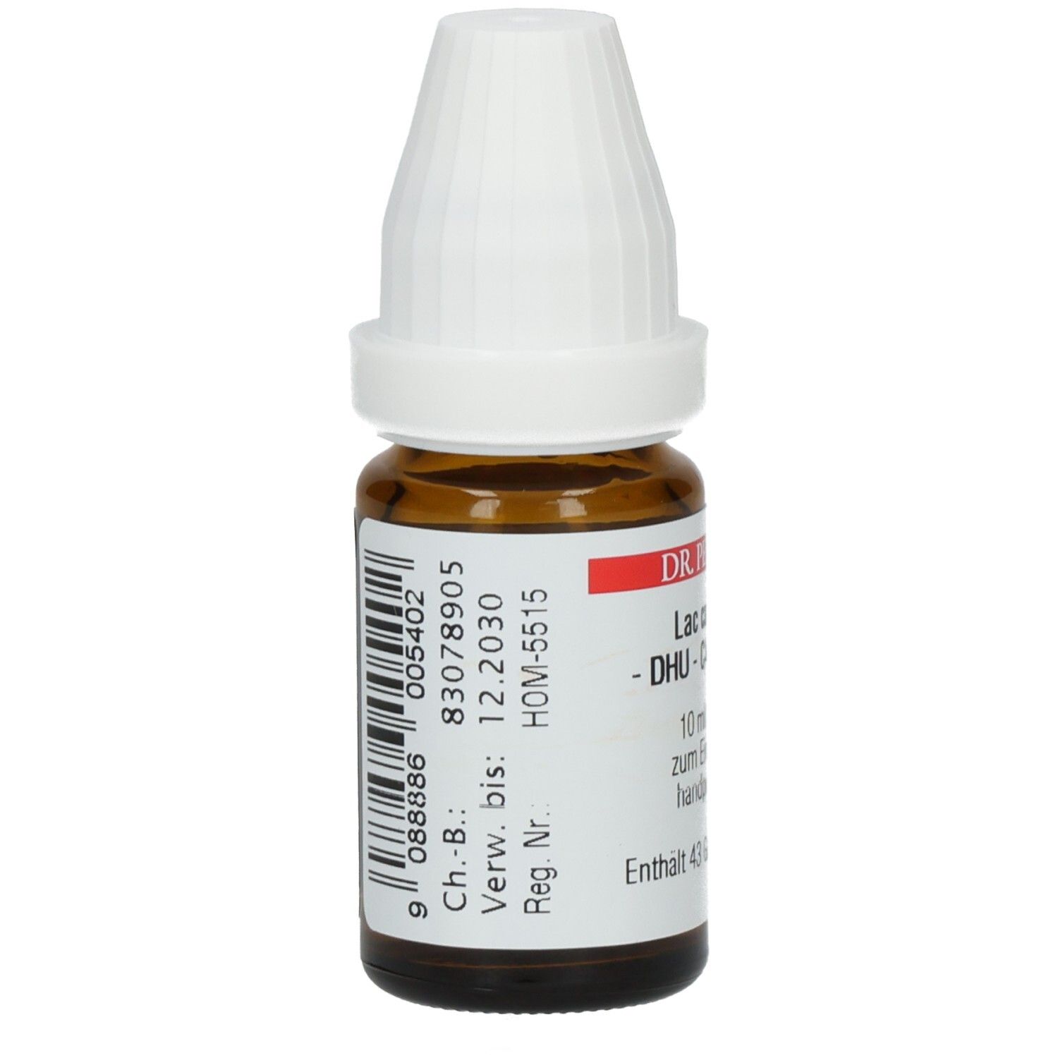 Braune Glasflasche mit weißem Verschluss. Etikett mit Barcode, Chargennummer und Verfallsdatum.