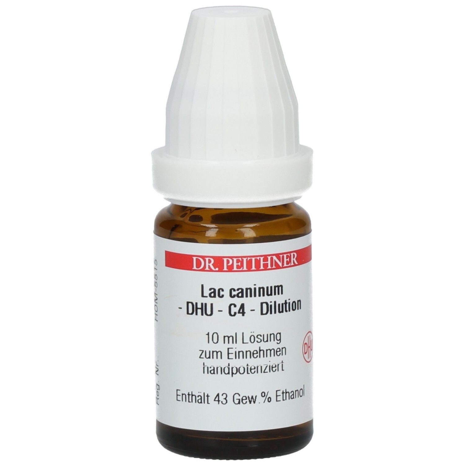 Braune Glasflasche mit weißem Schraubverschluss. Etikett mit Produktnamen, Hersteller und Inhaltsangaben.