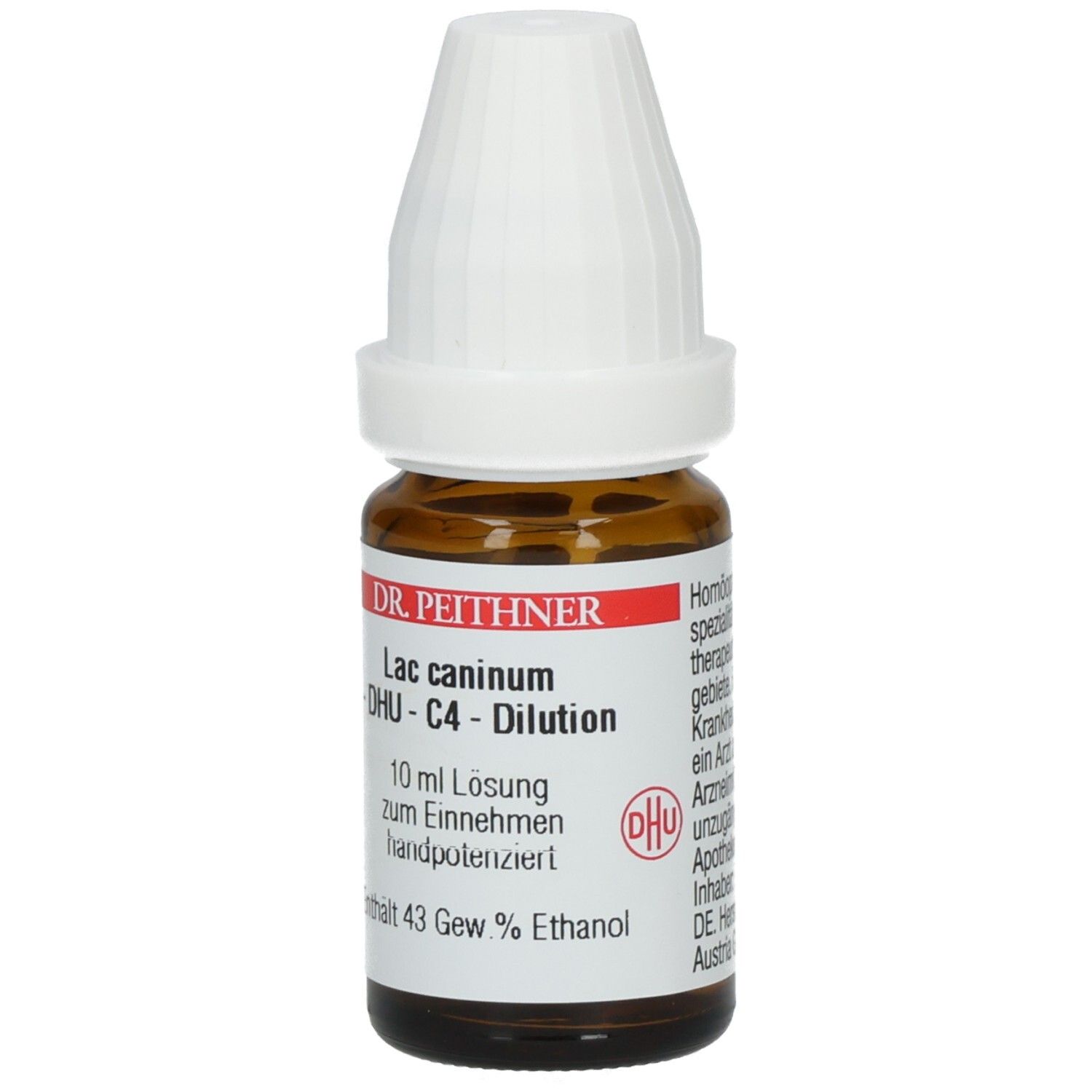 Braune Glasflasche mit weißem Verschluss. Etikett mit Produktnamen, Hersteller und Inhaltsangaben.