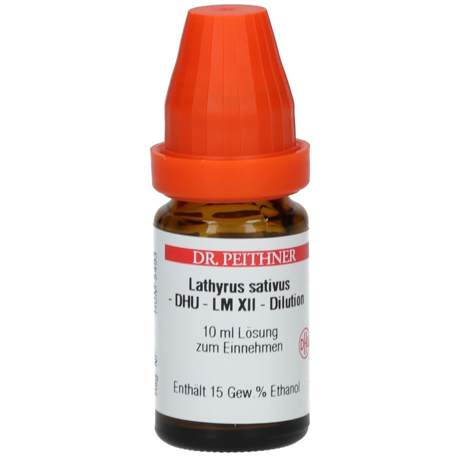 Braune Glasflasche mit orangefarbenem Verschluss. Etikett mit Produktinformationen: DR. PEITHNER, Lathyrus sativus, DHU - LM XII - Dilution.