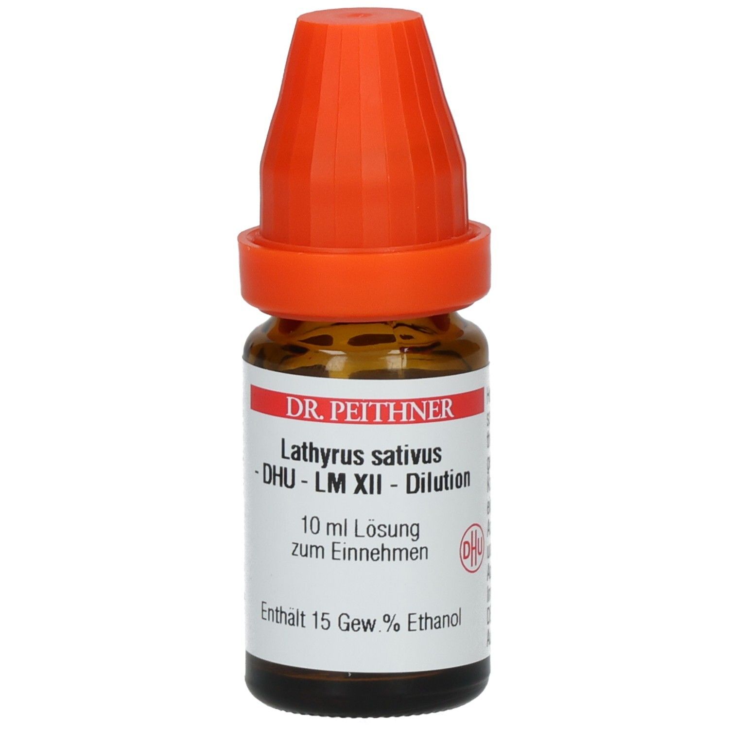 Braune Glasflasche mit orangefarbenem Verschluss. Etikett mit Produktinformationen und DHU-Logo. Text: 10 ml Lösung zum Einnehmen.