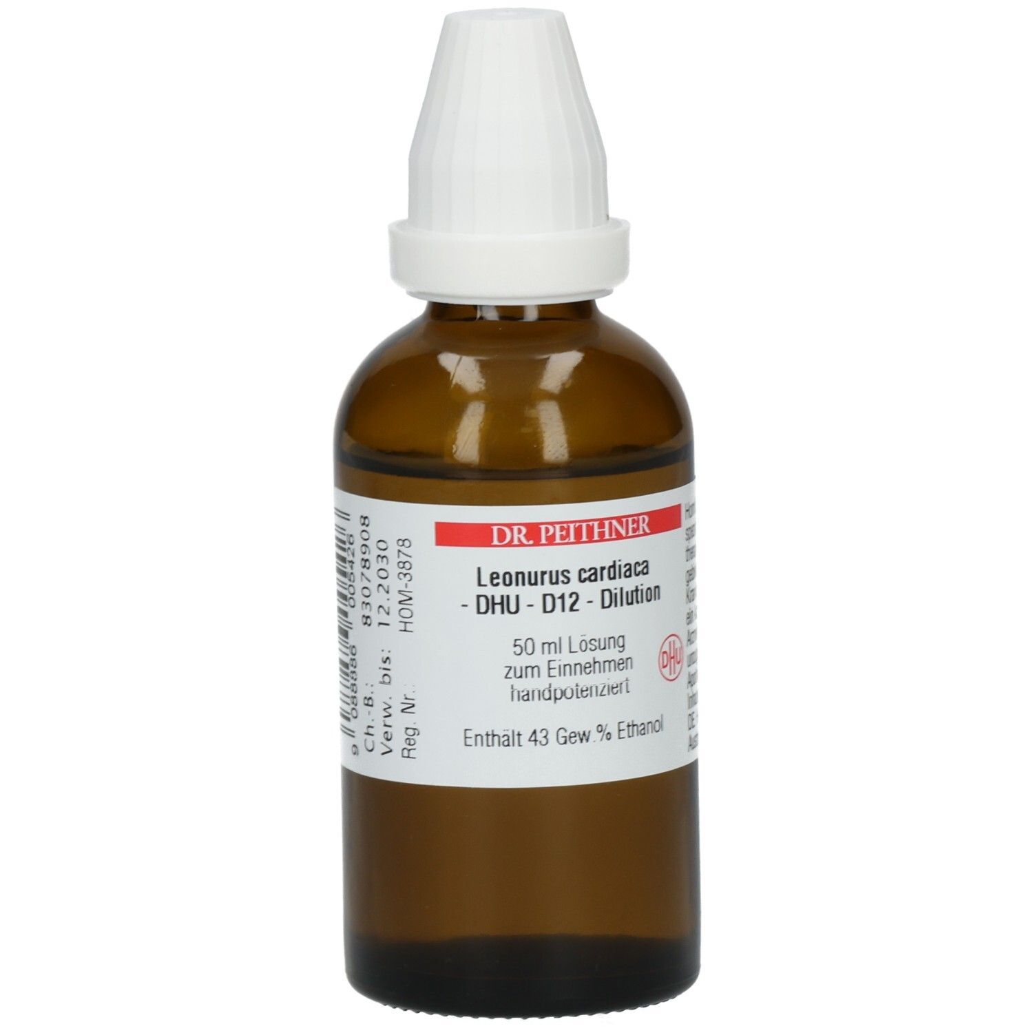 Braune Glasflasche mit weißem Verschluss. Etikett mit Produktinformationen: Leonurus card D12 DHU DIL, 50 ml Lösung, 43 Gew.% Ethanol.