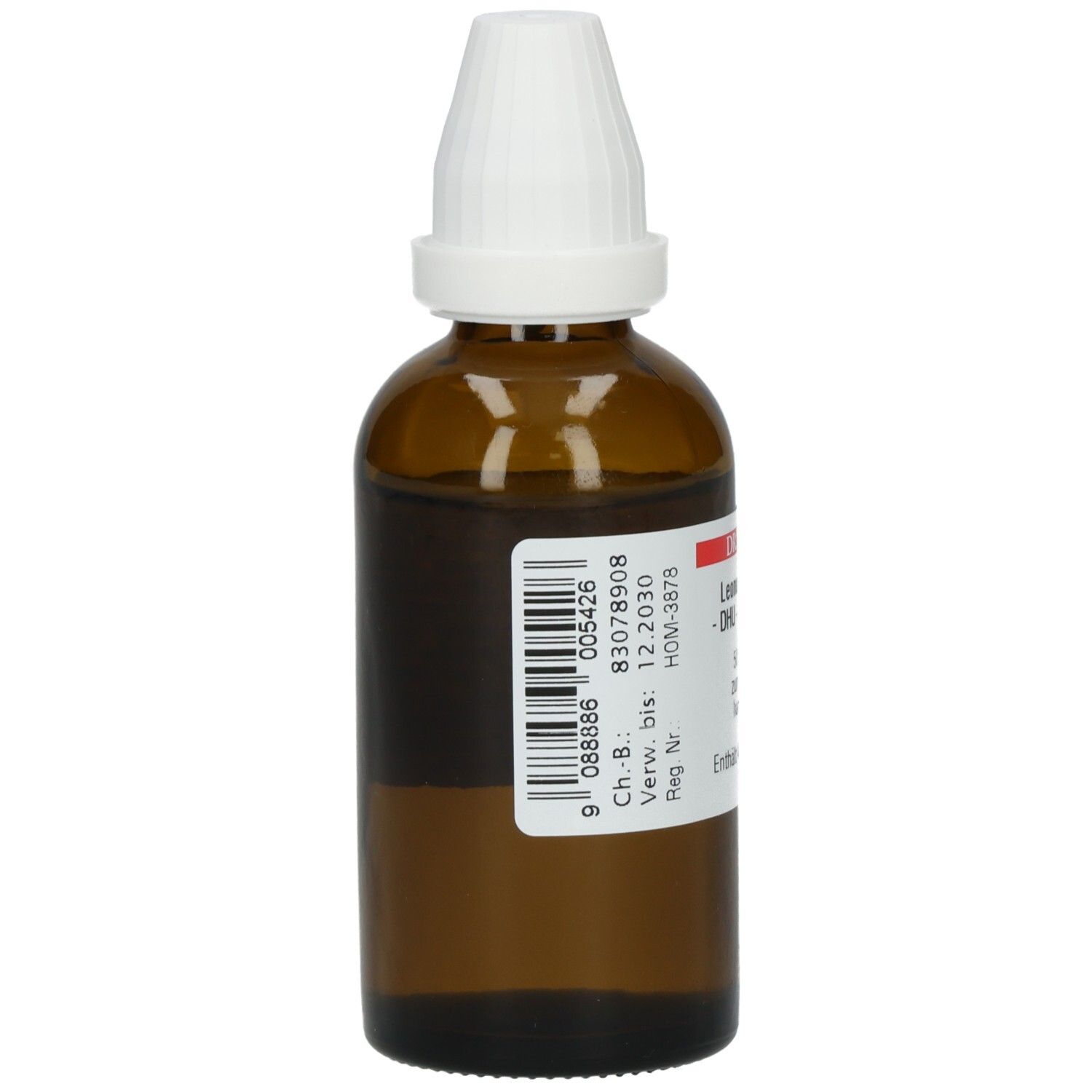 Braune Glasflasche mit weißem Verschluss. Etikett mit Barcode und Chargennummer. Produktname nicht sichtbar.