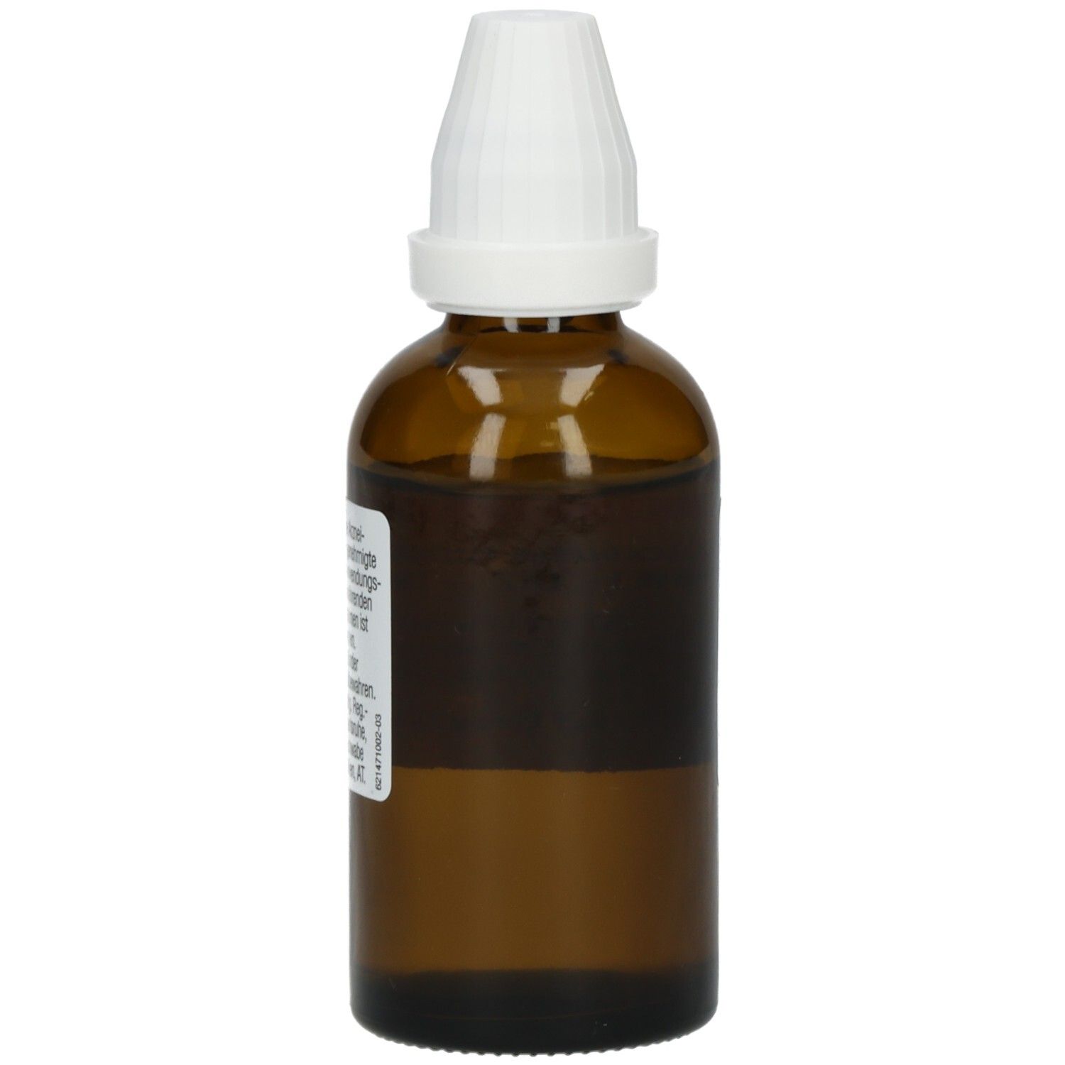 Braune Glasflasche mit weißem Verschluss. Seitenansicht. Etikett mit Produktinformationen nicht vollständig sichtbar.