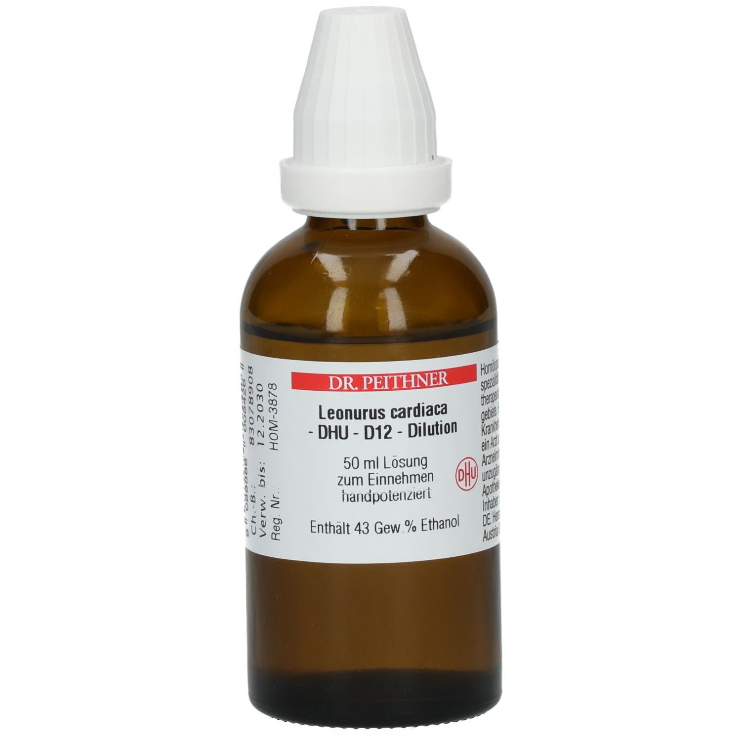 Braune Glasflasche mit weißem Verschluss. Etikett mit Produktinformationen: Leonurus card D12 DHU DIL, 50 ml Lösung, 43 Gew.% Ethanol.