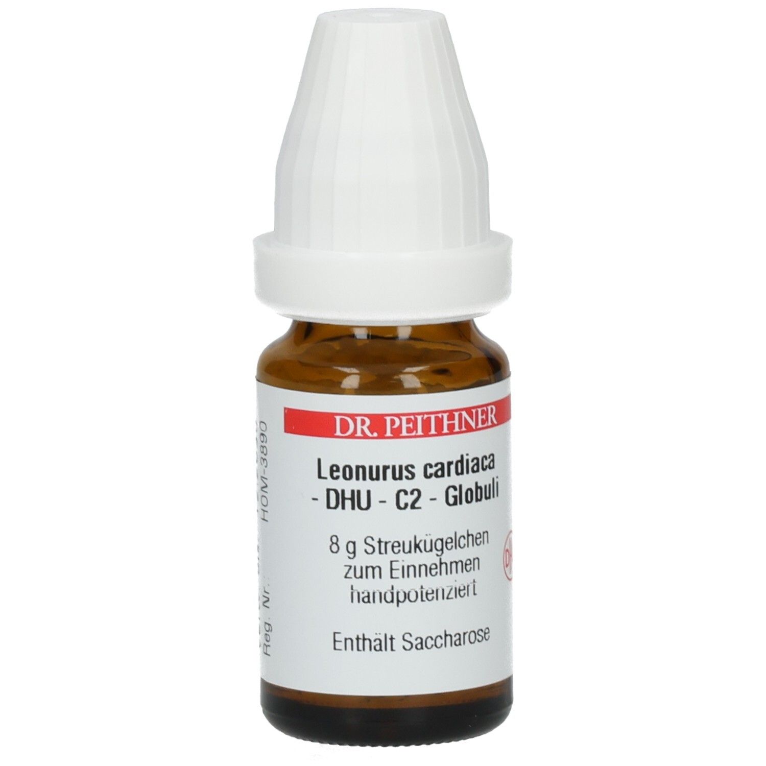 Braune Glasflasche mit weißem Deckel. Etikett mit Produktnamen und Inhaltsangabe. Enthält Saccharose.