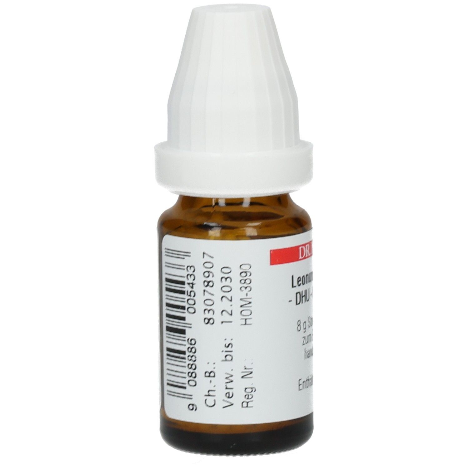 Braune Glasflasche mit weißem Deckel. Etikett mit Barcode und Chargennummer. Verfallsdatum: 12.2030.