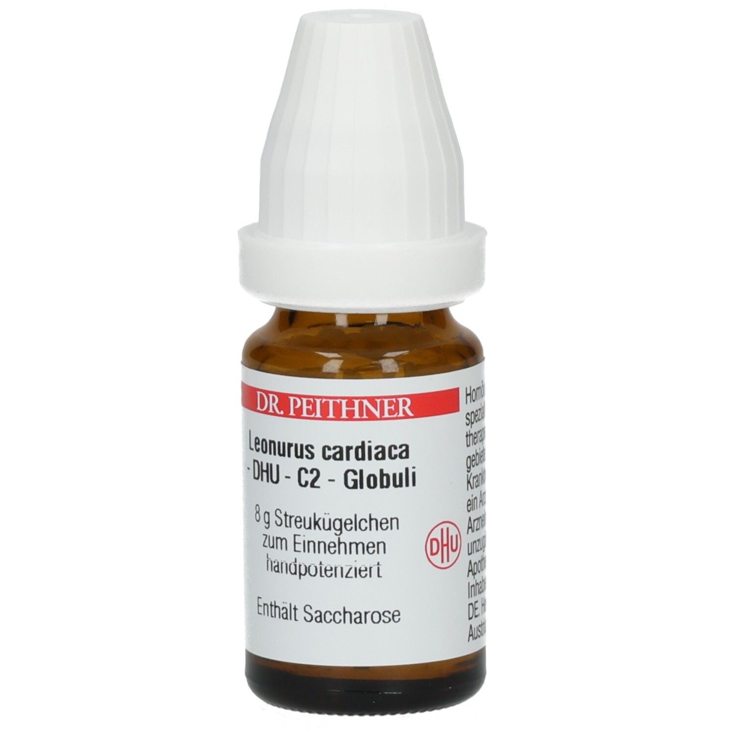 Braune Glasflasche mit weißem Deckel. Etikett mit Produktnamen, Inhaltsangabe und DHU-Logo. Enthält Saccharose.