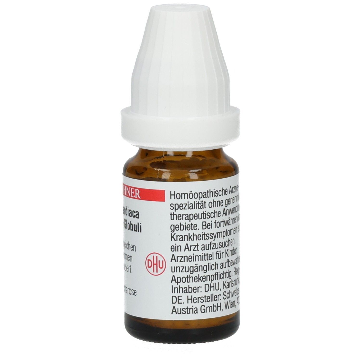 Braune Glasflasche mit weißem Deckel. Etikett mit Produktnamen, DHU-Logo und Text über homöopathische Arzneimittel.