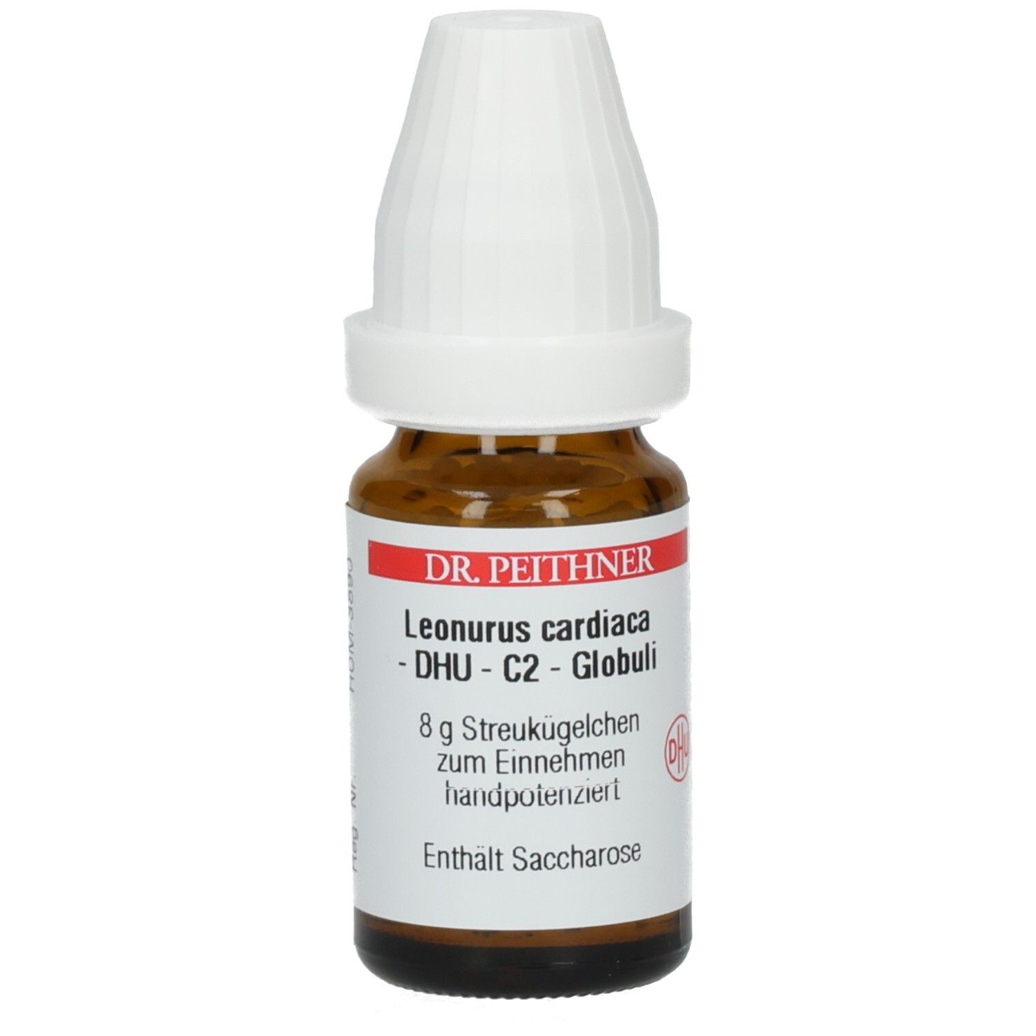 Braune Glasflasche mit weißem Deckel. Etikett mit Produktnamen und Inhaltsangabe. Enthält Saccharose.