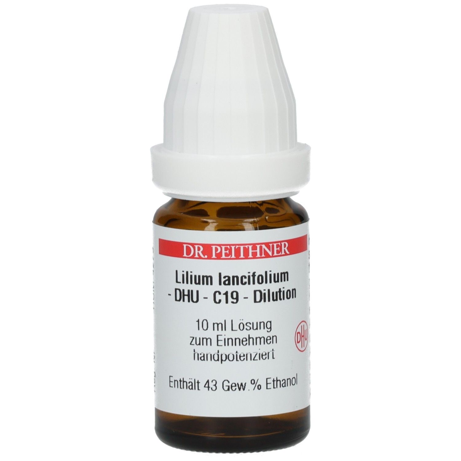 Braune Glasflasche mit weißem Verschluss. Beschriftung: Lilium lancifolium - C19 - Dilution, 10 ml Lösung, 43 Gew % Ethanol.