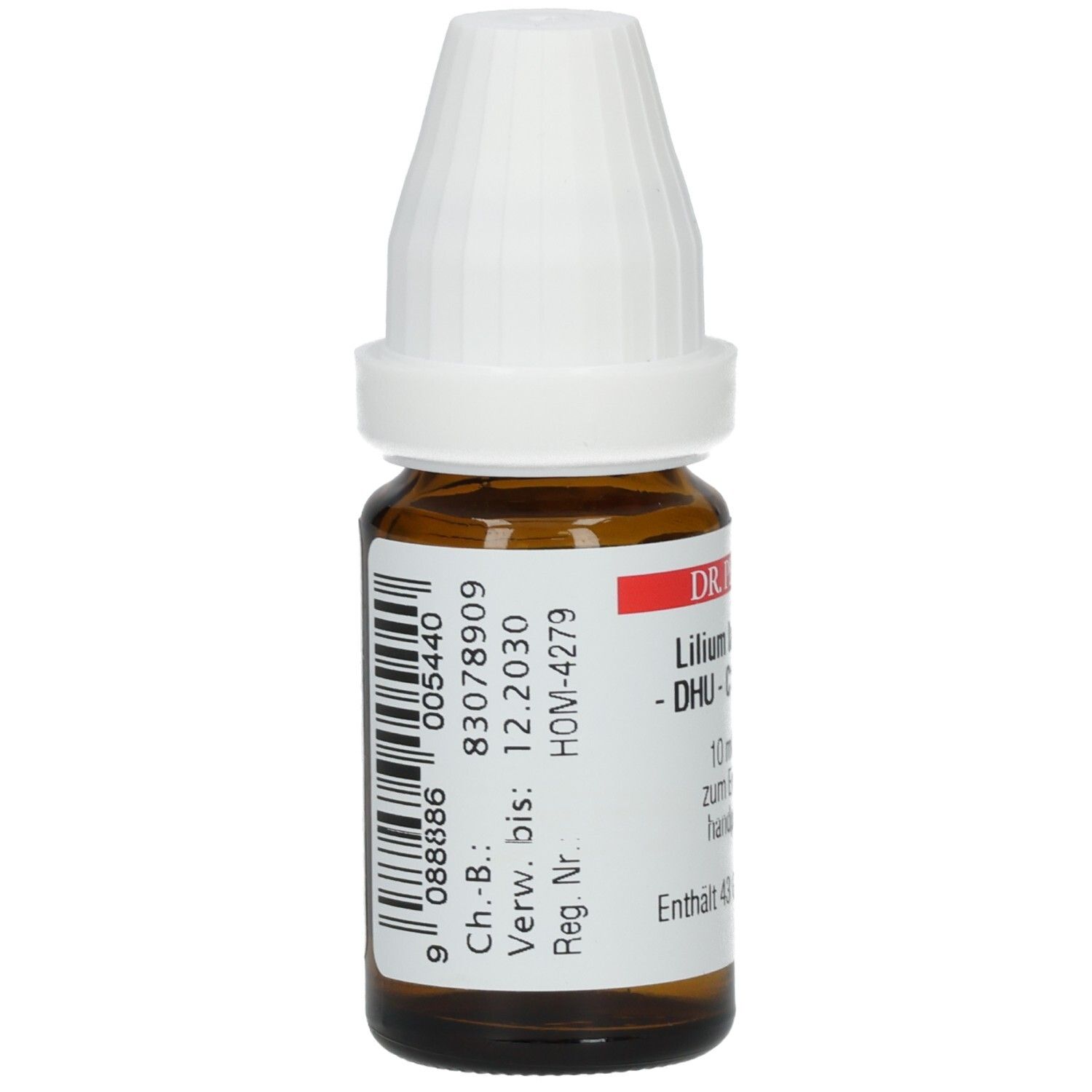 Braune Glasflasche mit weißem Verschluss. Etikett mit Barcode und Chargennummer. Text: Lilium lancifolium - C19 - Dilution.
