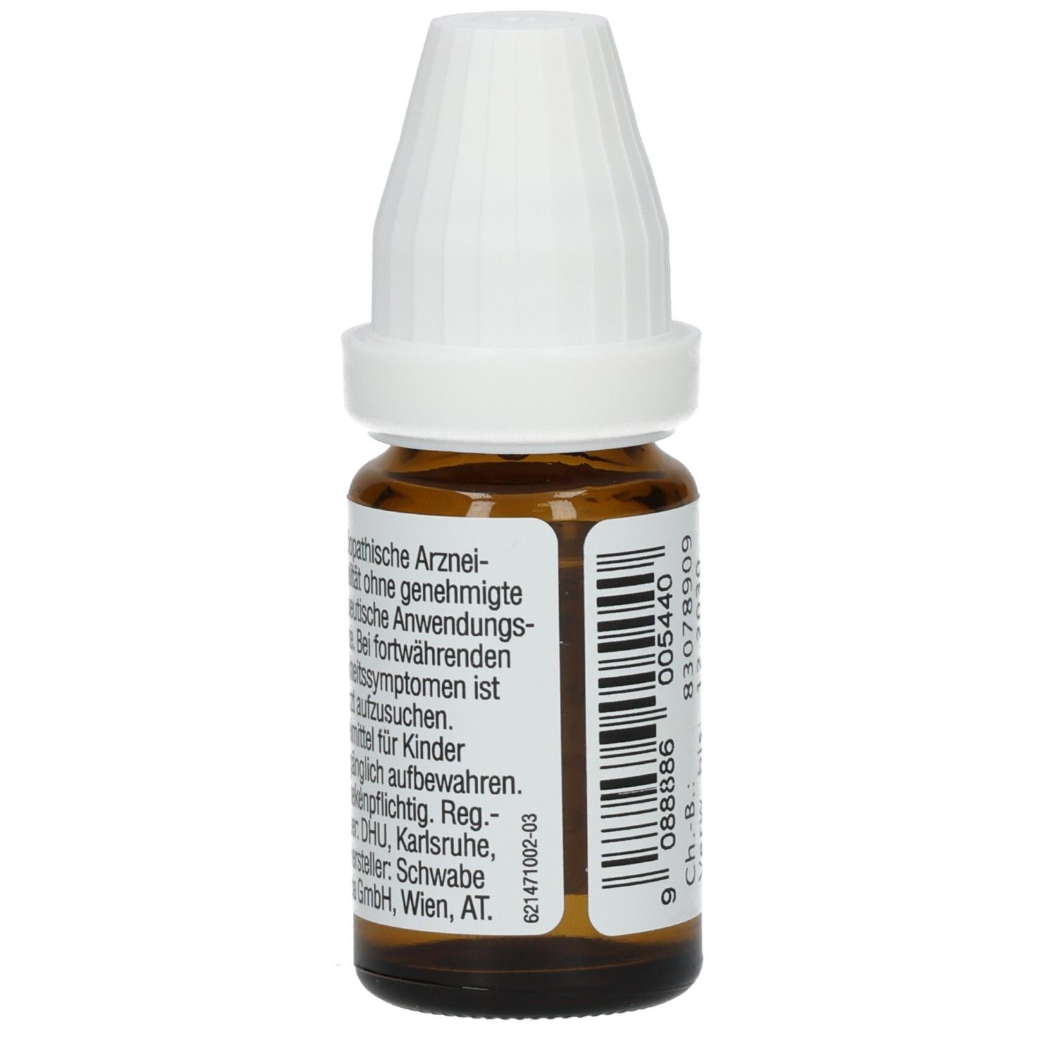 Braune Glasflasche mit weißem Verschluss. Etikett mit Text: Homöopathische Arzneimittel, für Kinder unzugänglich aufbewahren.